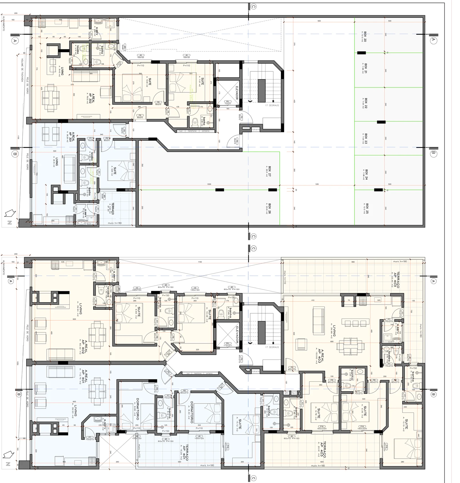 Planta baixa do 3º e 4º pavimento do Felicitá Residence, com as unidades AP.301, AP.302, AP.401, AP.402 e AP.403 e seus terraços
