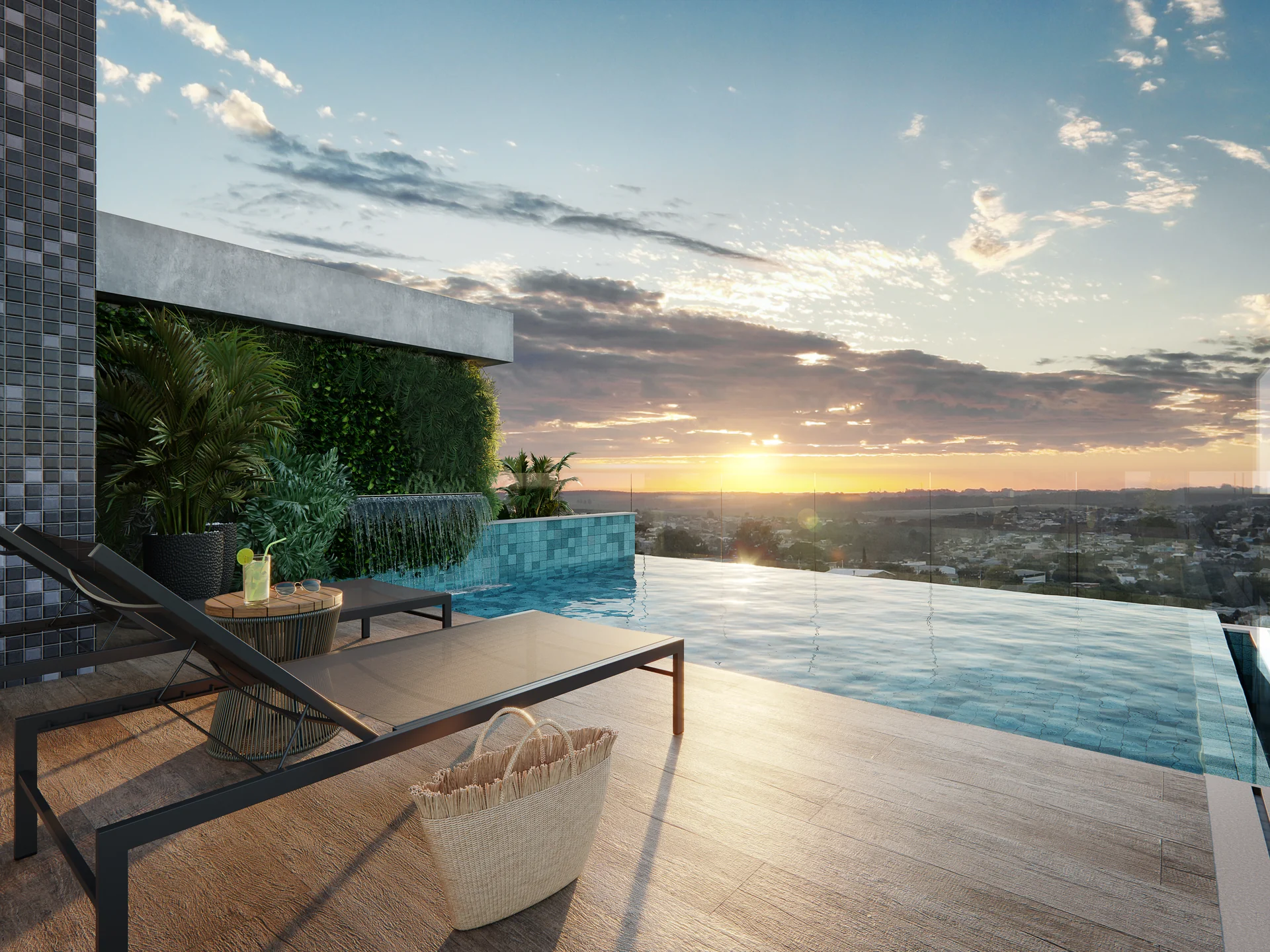 Deck da piscina da cobertura do Felicitá Residence, espreguiçadeiras ao pôr do sol