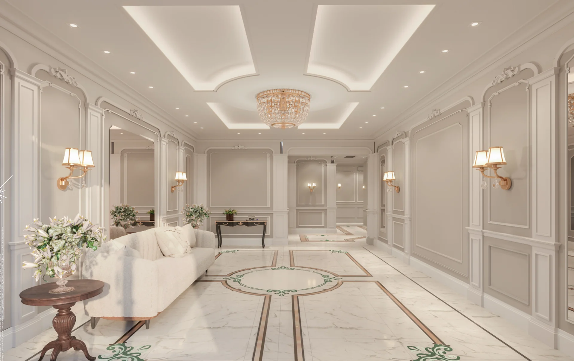 Hall de entrada do Four Seasons Residence em estilo neoclássico, com boiserie, lustre de cristal e piso de mármore