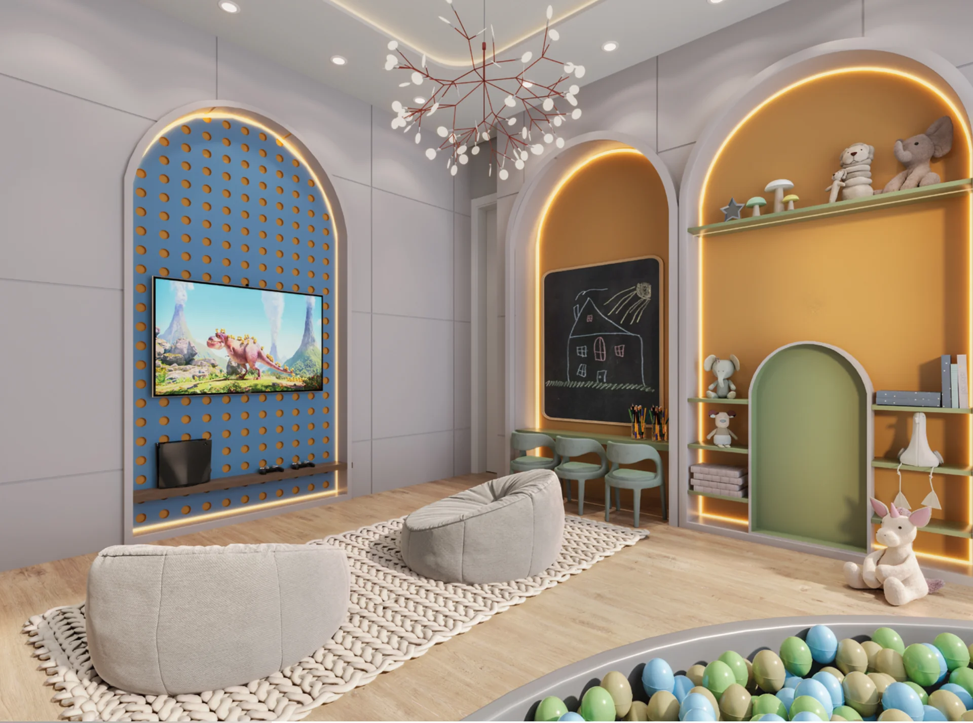 Espaço kids do Four Seasons Residence com nichos em arco, lousa e piscina de bolinhas