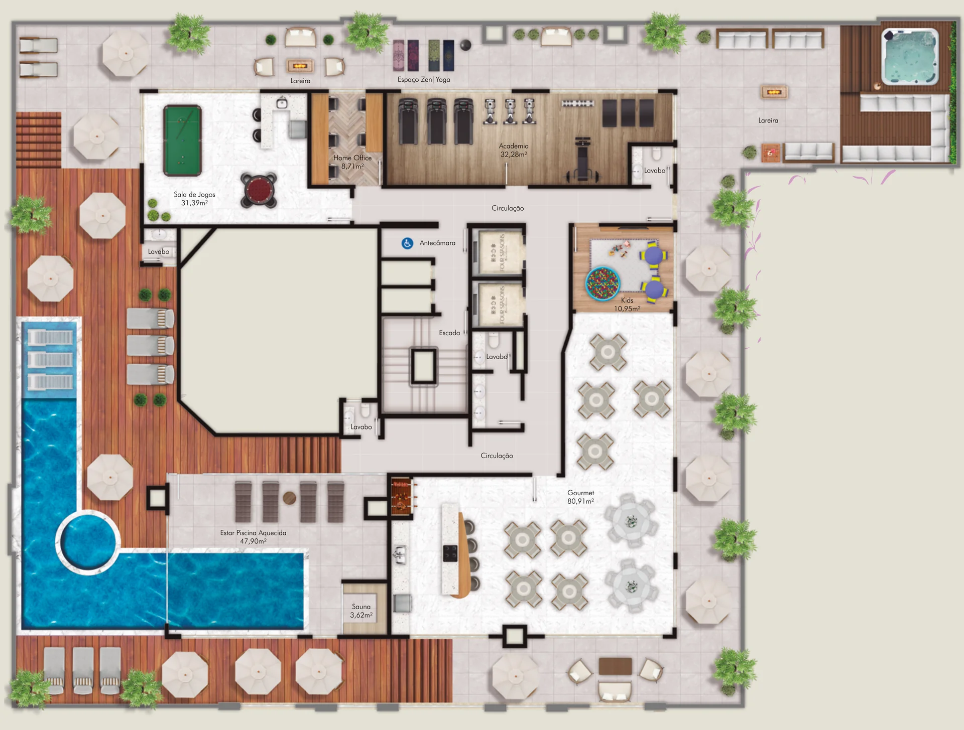 Planta do rooftop de lazer do Four Seasons Residence, com piscinas, estar da piscina aquecida, gourmet, academia, sala de jogos, espaço zen, kids, sauna e lareiras