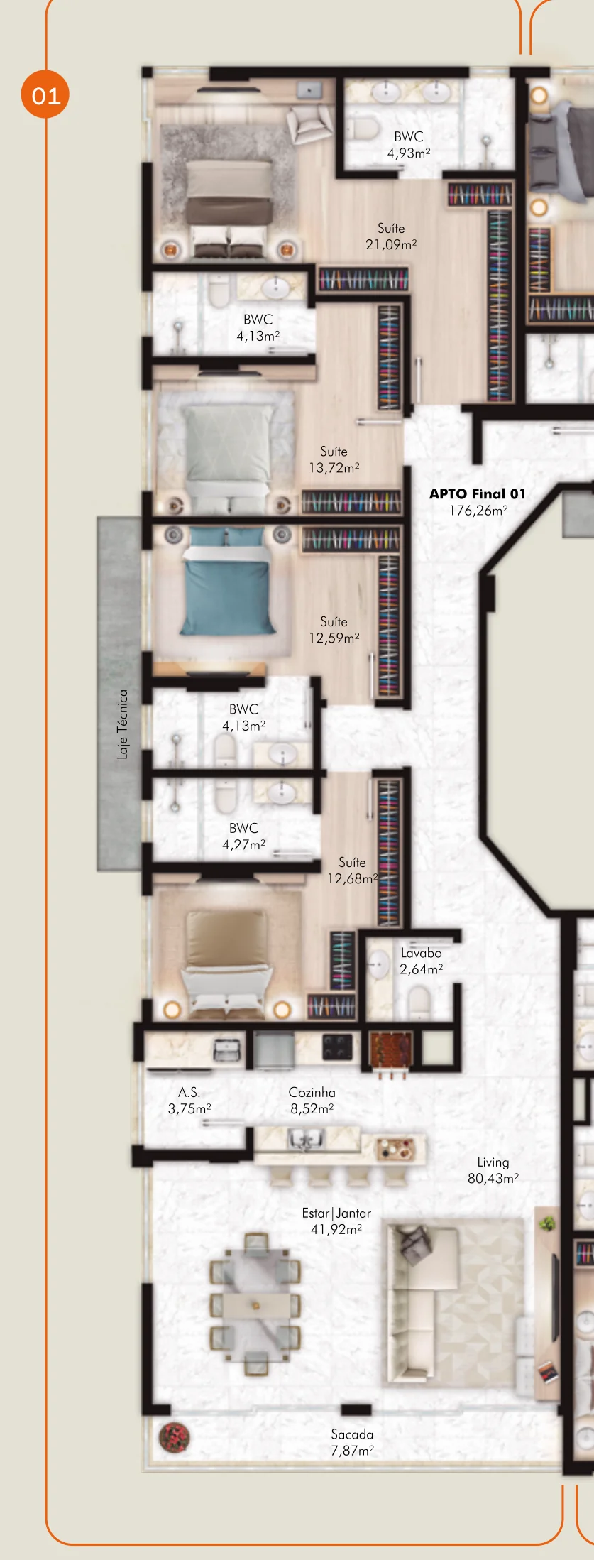 Planta do apartamento tipo 01 do Four Seasons Residence, 4 suítes, 176,26 m² privativos conforme o folder