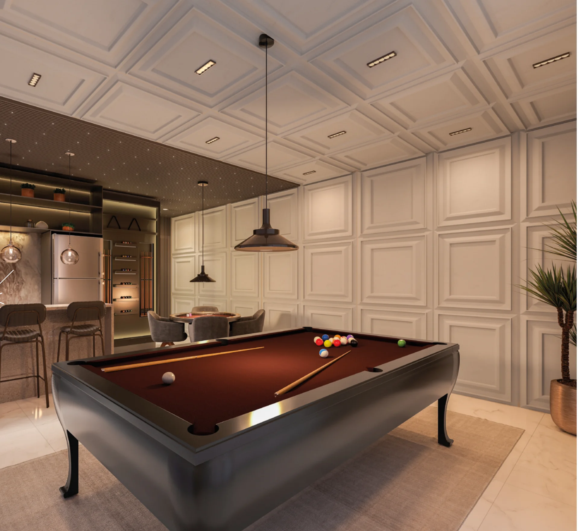 Sala de jogos do Four Seasons Residence com mesa de sinuca, mesa de carteado e bar estilo pub