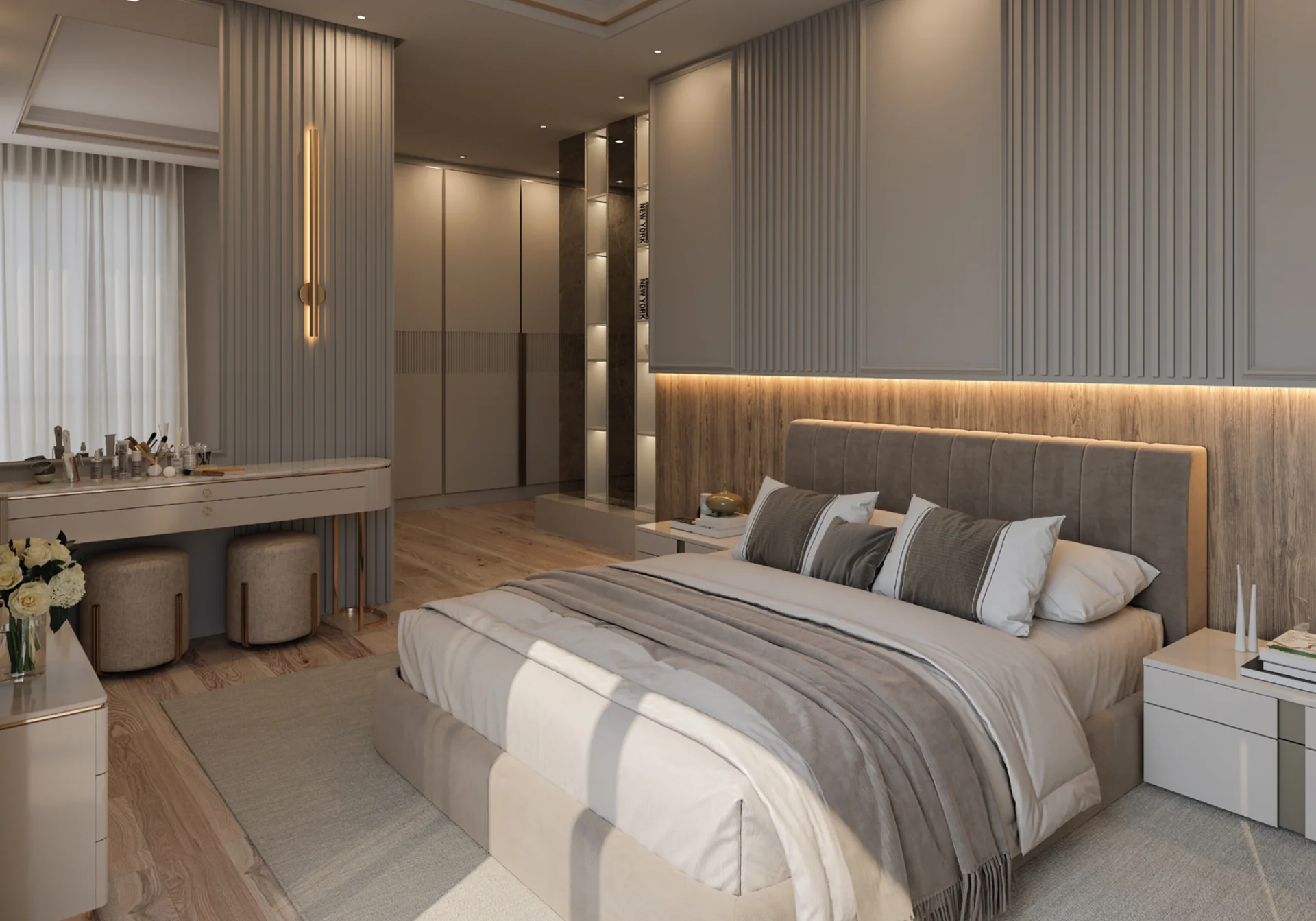 Suíte de 21,09 m² do apartamento tipo 01 do Four Seasons Residence, com penteadeira, closet e cabeceira de madeira iluminada