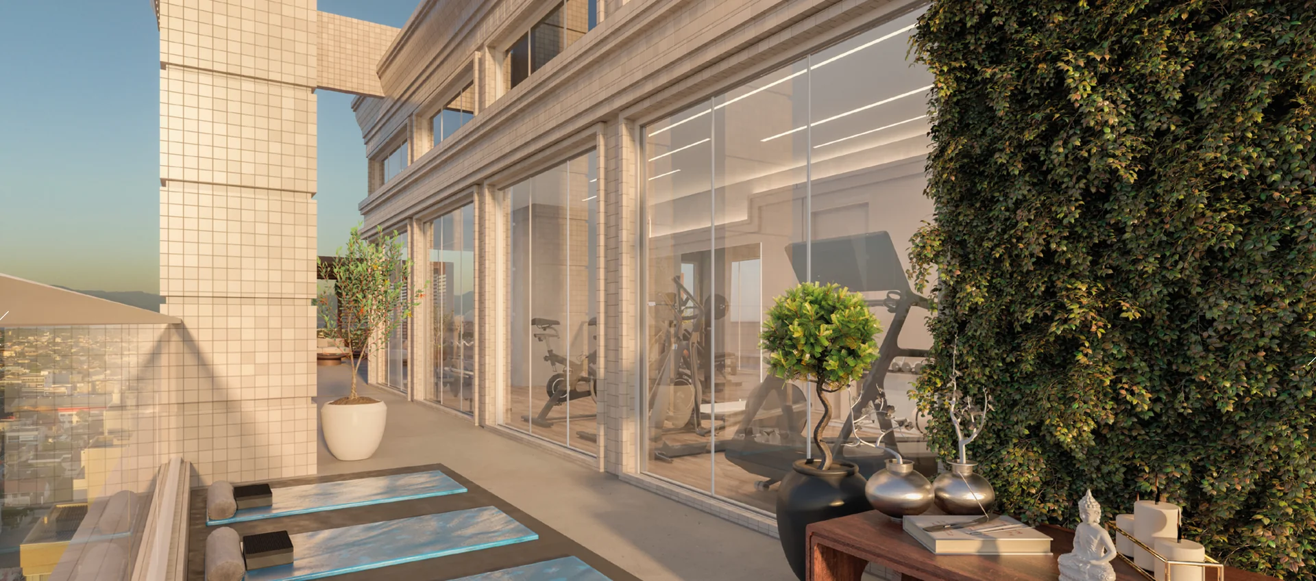 Espaço zen do rooftop do Four Seasons Residence, terraço com tatames de yoga, jardim vertical e vista aberta da cidade