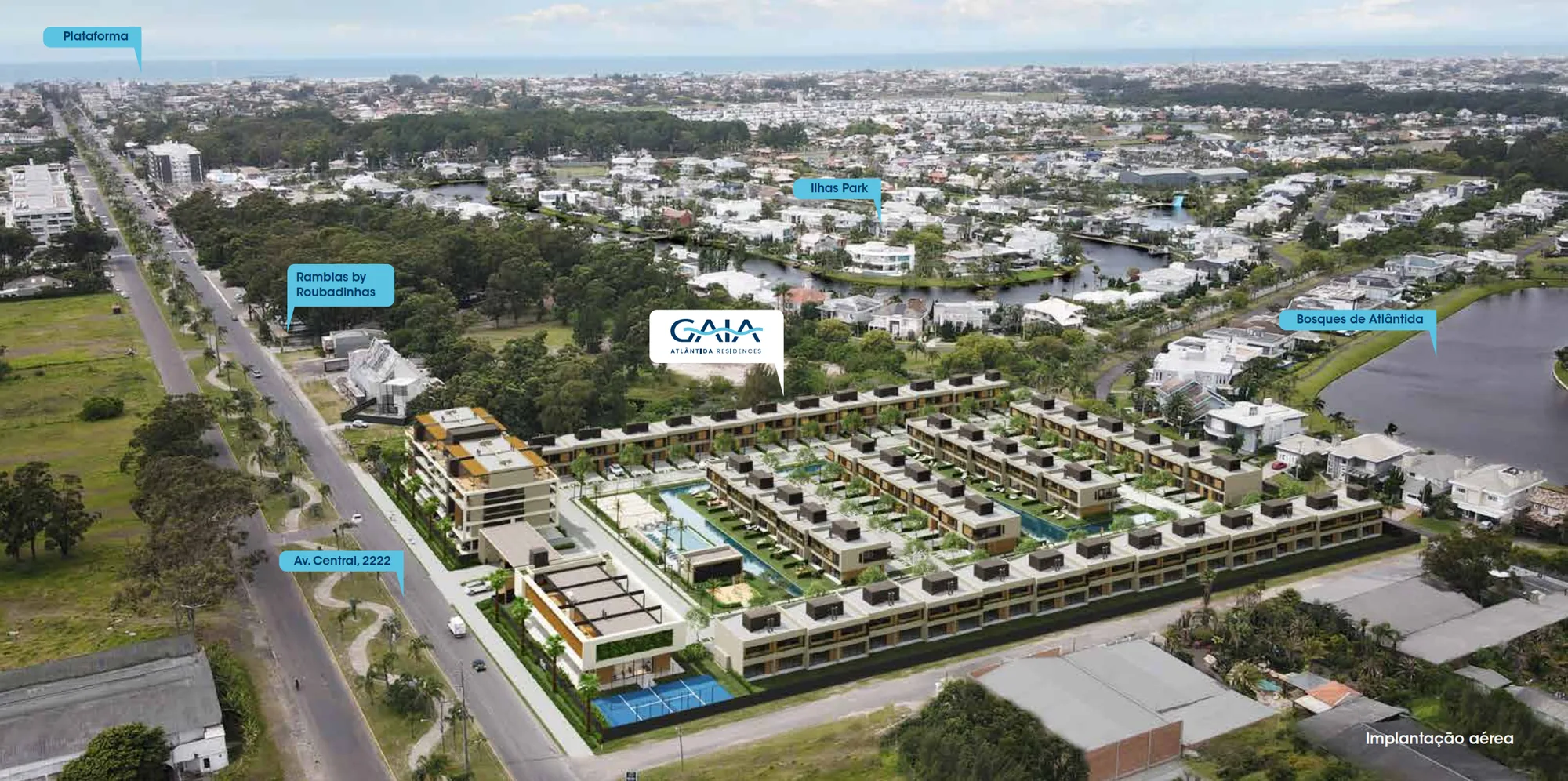 Vista aérea do Gaia Atlântida Residences, condomínio fechado de casas e apartamentos em Atlântida, Xangri-Lá