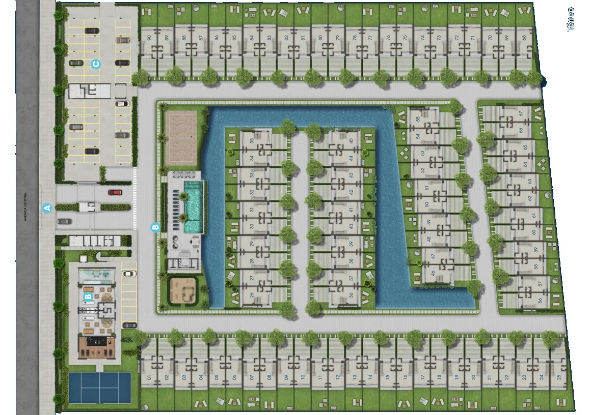 Planta de implantação do Gaia Atlântida Residences com edifício, casas e lago interno