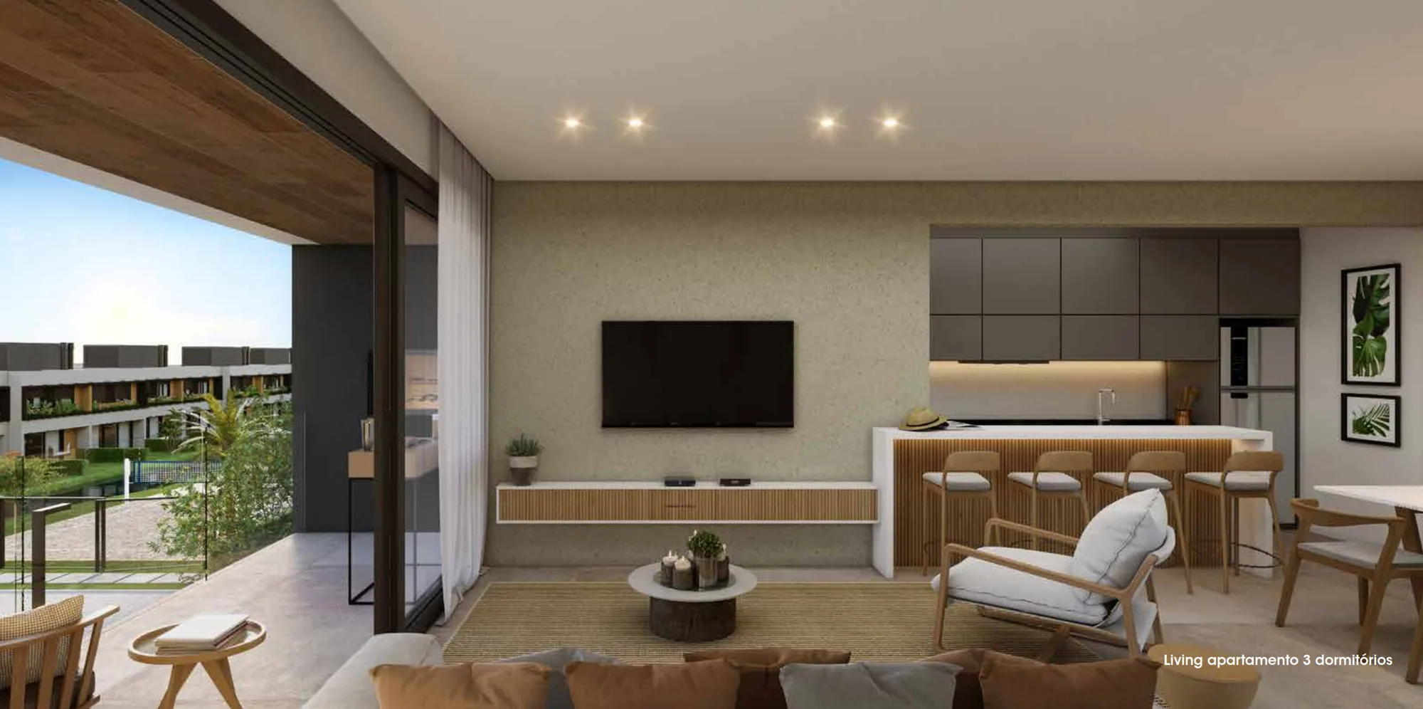 Living de apartamento do Gaia Atlântida Residences com acabamento contemporâneo em Atlântida