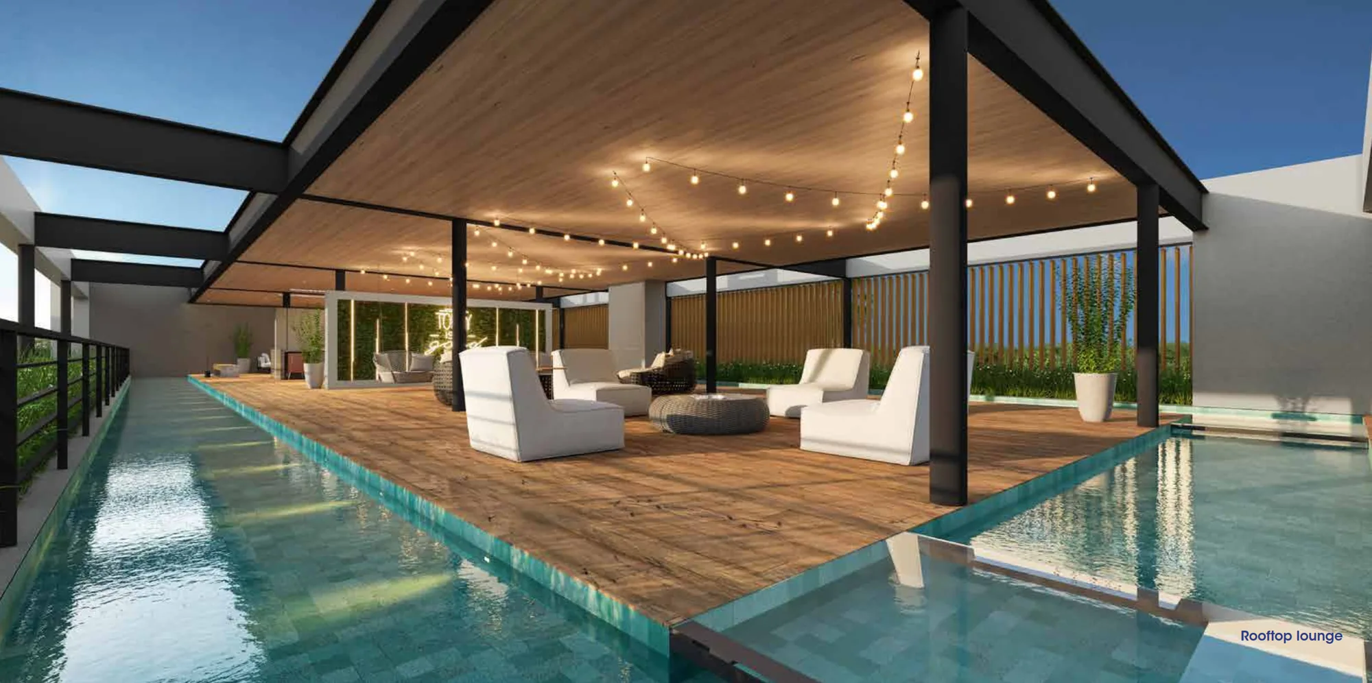 Rooftop lounge do Gaia Atlântida Residences ao entardecer em Atlântida, Xangri-Lá