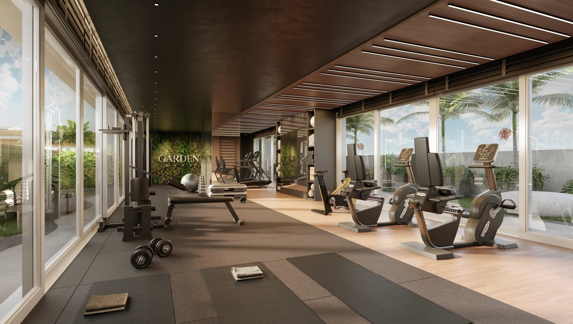 Render do espaço fitness do rooftop do Garden Park
