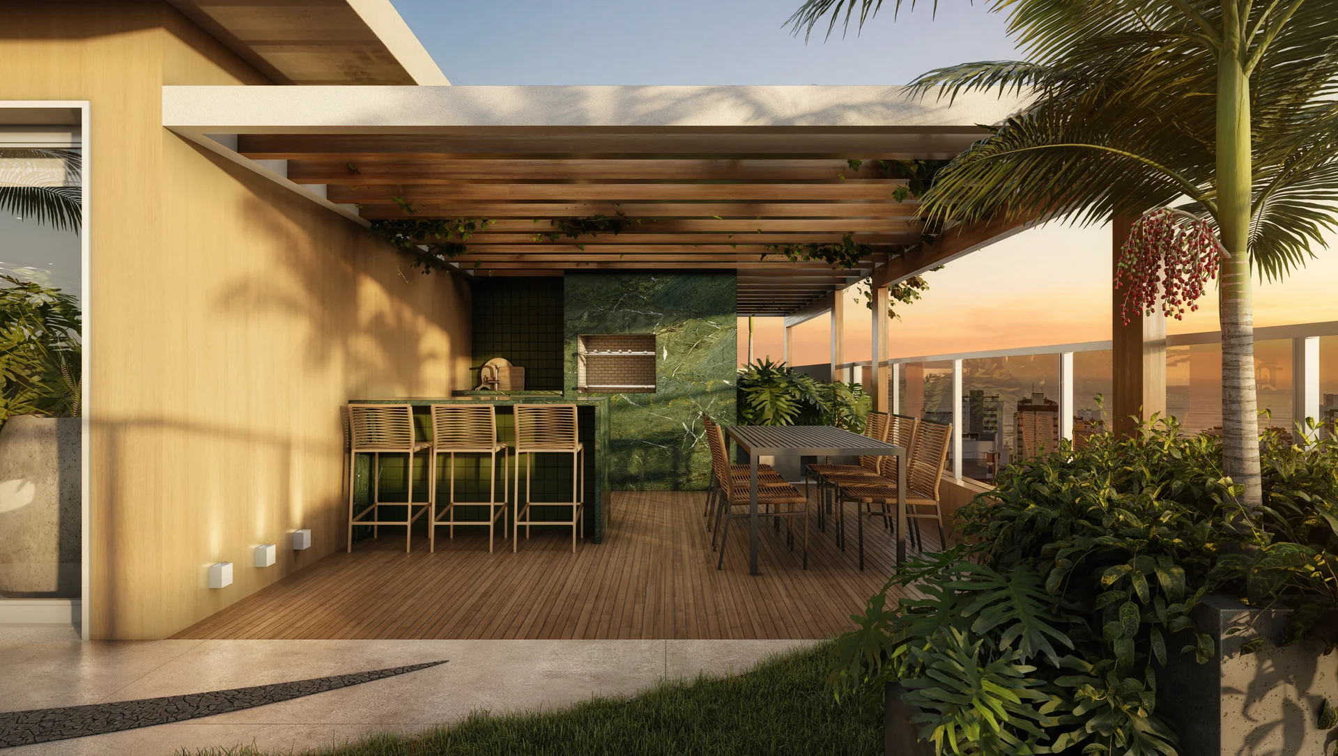 Render de uma das duas churrasqueiras do rooftop do Garden Park