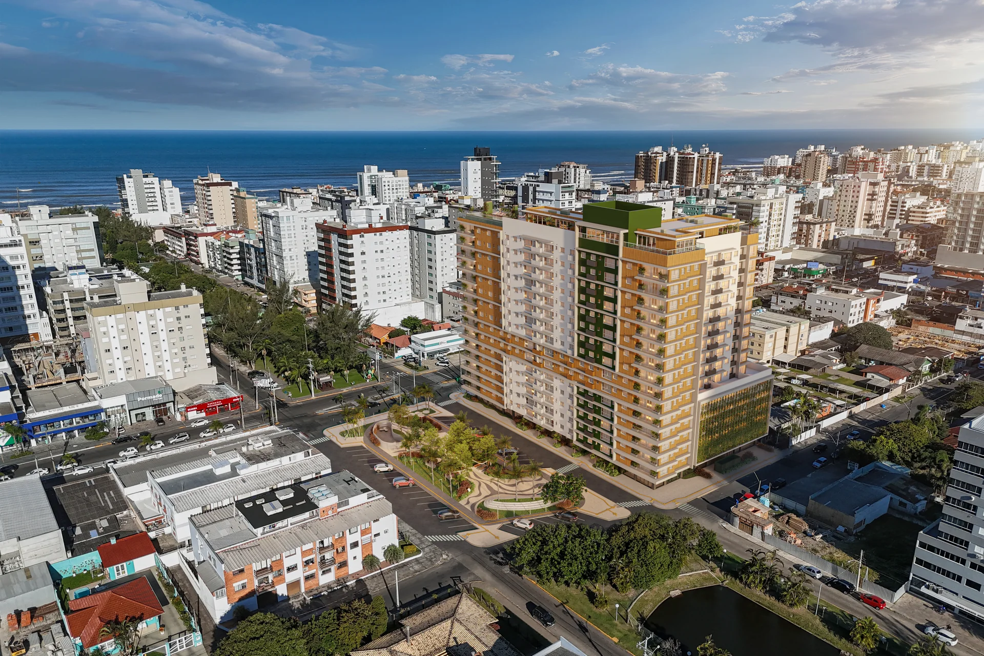 Fotomontagem aérea do Garden Park, com a torre em render 3D inserida sobre foto real do bairro Zona Nova de Capão da Canoa e o mar visível a poucas quadras