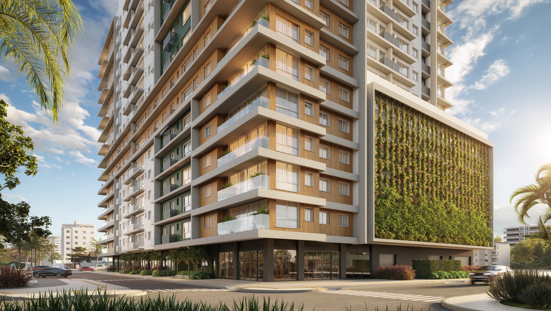 Render do embasamento comercial do Garden Park, com as lojas do térreo