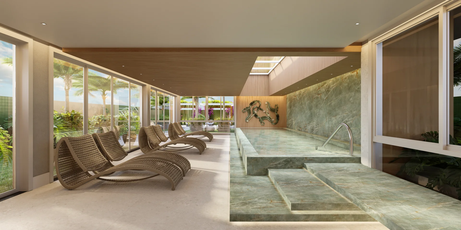 Render da piscina térmica coberta do Garden Park, no 7º pavimento, com escada larga em pedra, claraboia central e espreguiçadeiras de vime