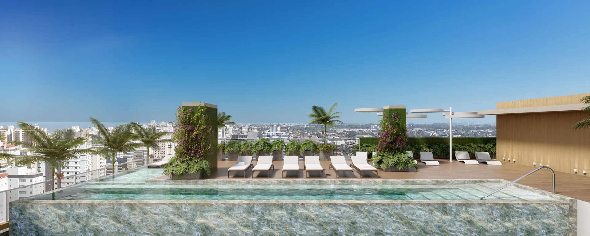 Render da piscina externa no rooftop do Garden Park, com deck de madeira, espreguiçadeiras e jardineiras com vegetação florida