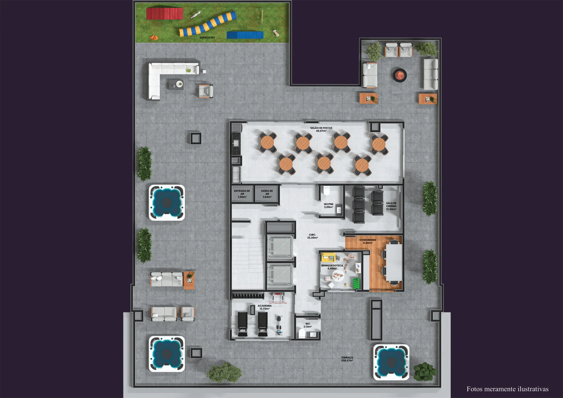 Planta humanizada do rooftop do Gênesis, com salão de festas, cinema, academia, coworking, brinquedoteca, espaço pet e as banheiras de hidromassagem do terraço