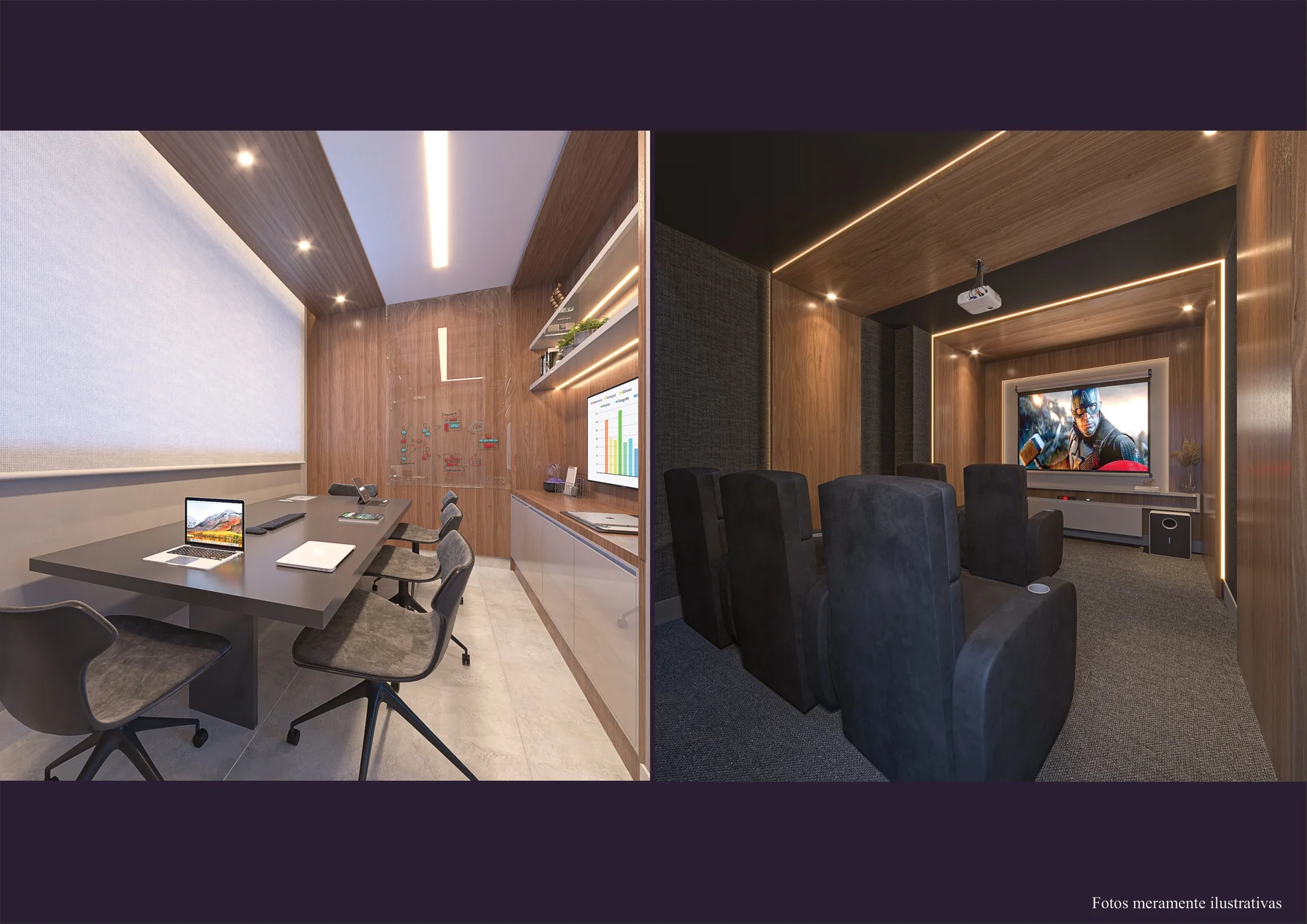 Sala de coworking com bancada e TV e sala de cinema com poltronas reclináveis, área comum do Gênesis