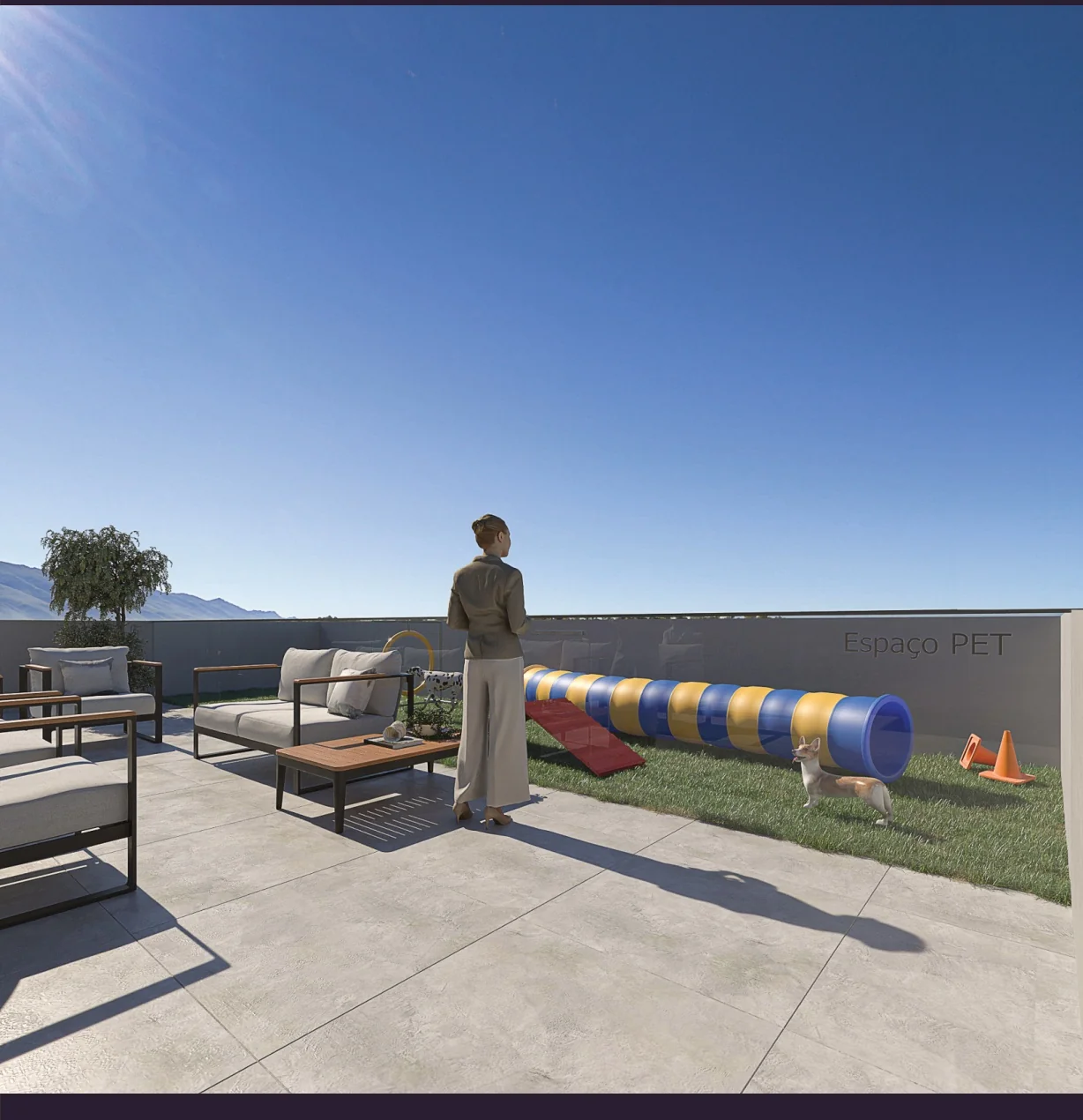 Espaço Pet do rooftop do Gênesis, com túnel e rampa de agility sobre grama sintética