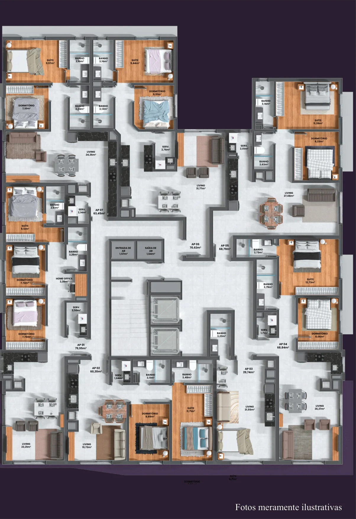 Planta humanizada do pavimento-tipo do Gênesis com sete apartamentos por andar, do 5º ao 14º pavimento, em Capão da Canoa
