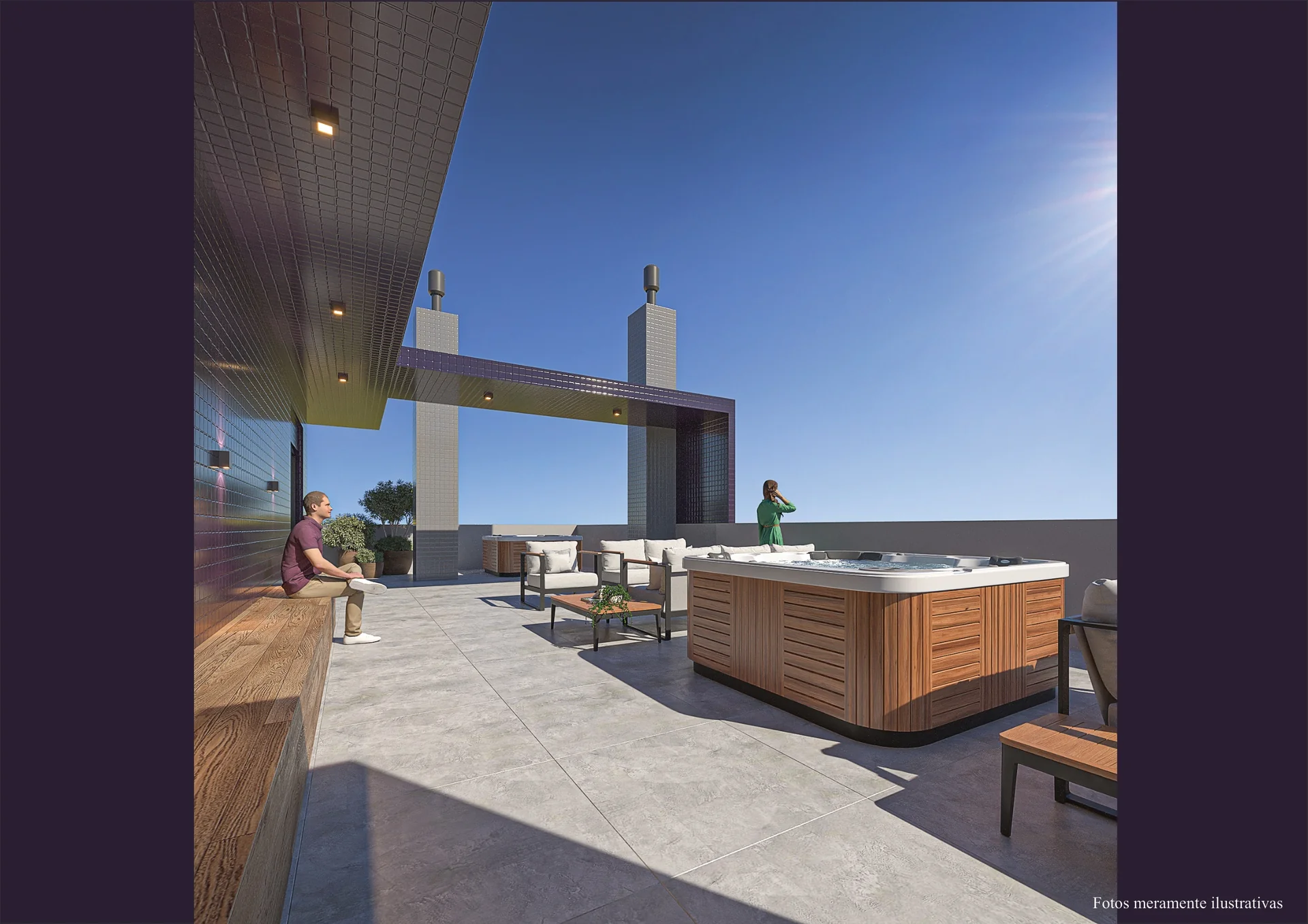 Rooftop do Gênesis com banheira de hidromassagem em deck de madeira e lounge ao fundo