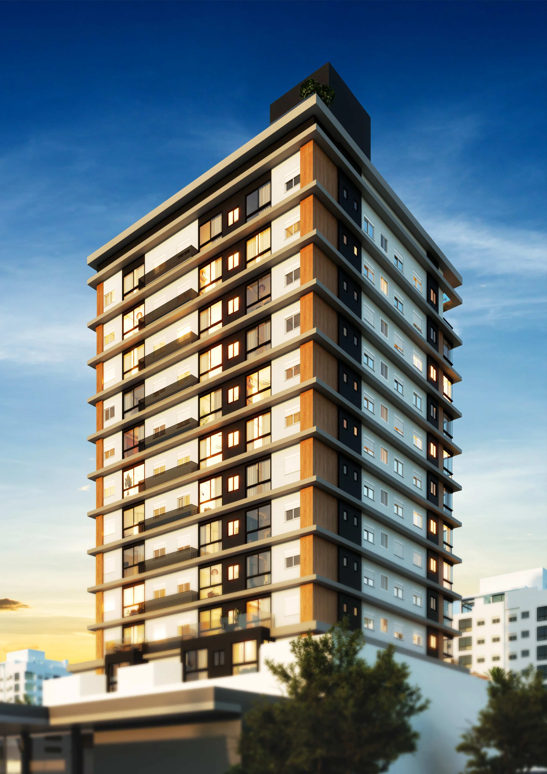 Fachada do Gran Legado Residence em ângulo, contraluz dourado ao entardecer