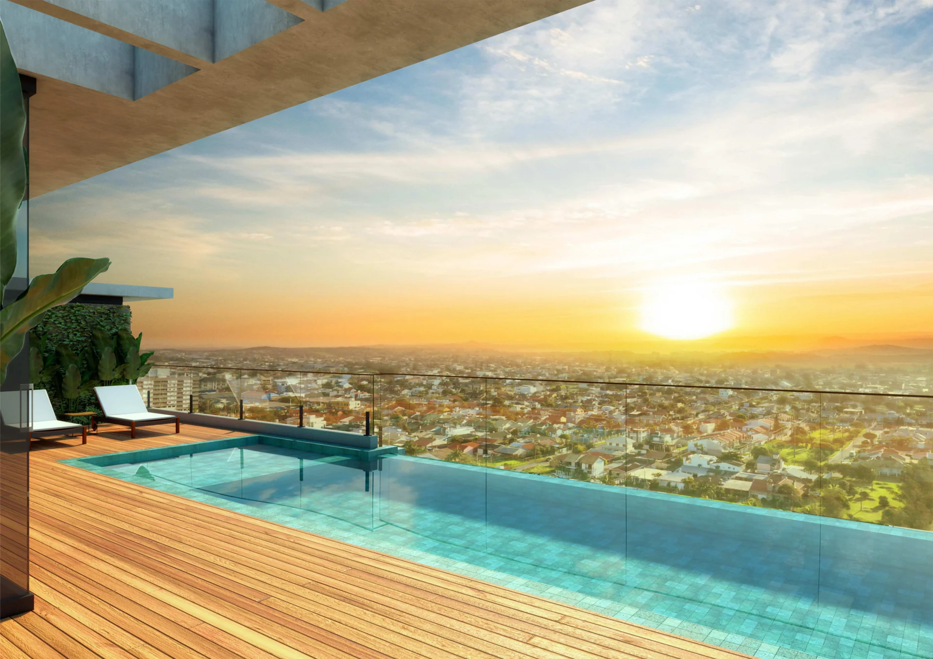 Deck da piscina de borda infinita do Gran Legado Residence, ângulo alternativo ao entardecer