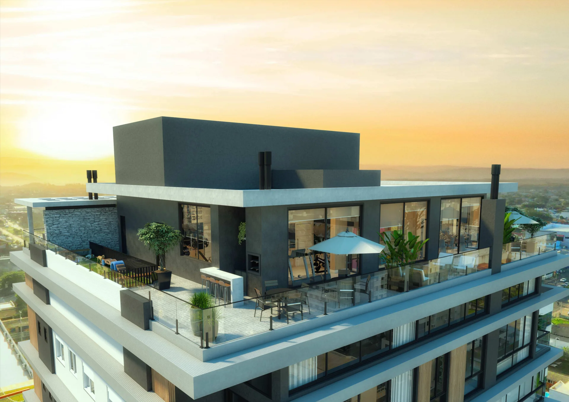 Panorâmica da cobertura do Gran Legado Residence, com espaço pet, bar com lareira, academia envidraçada e mesas cobertas