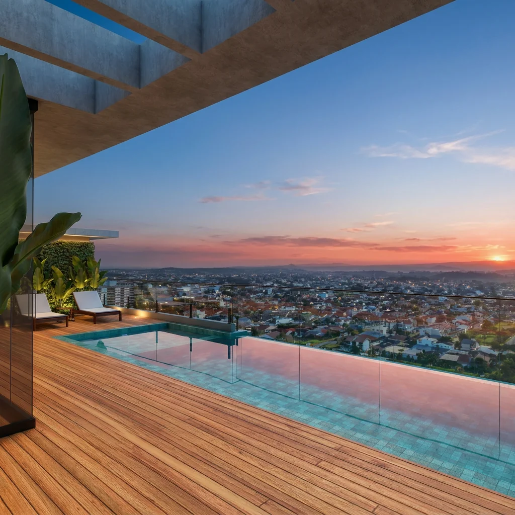 Piscina de borda infinita da cobertura do Gran Legado Residence, deck de madeira e vista da cidade ao entardecer