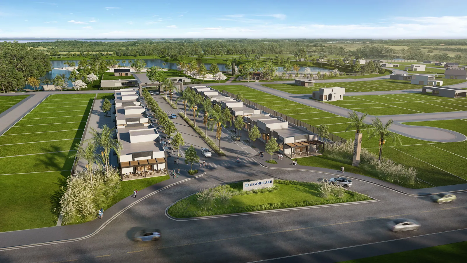 Vista aérea da alameda comercial arborizada do Grand Lake Osório junto ao lago