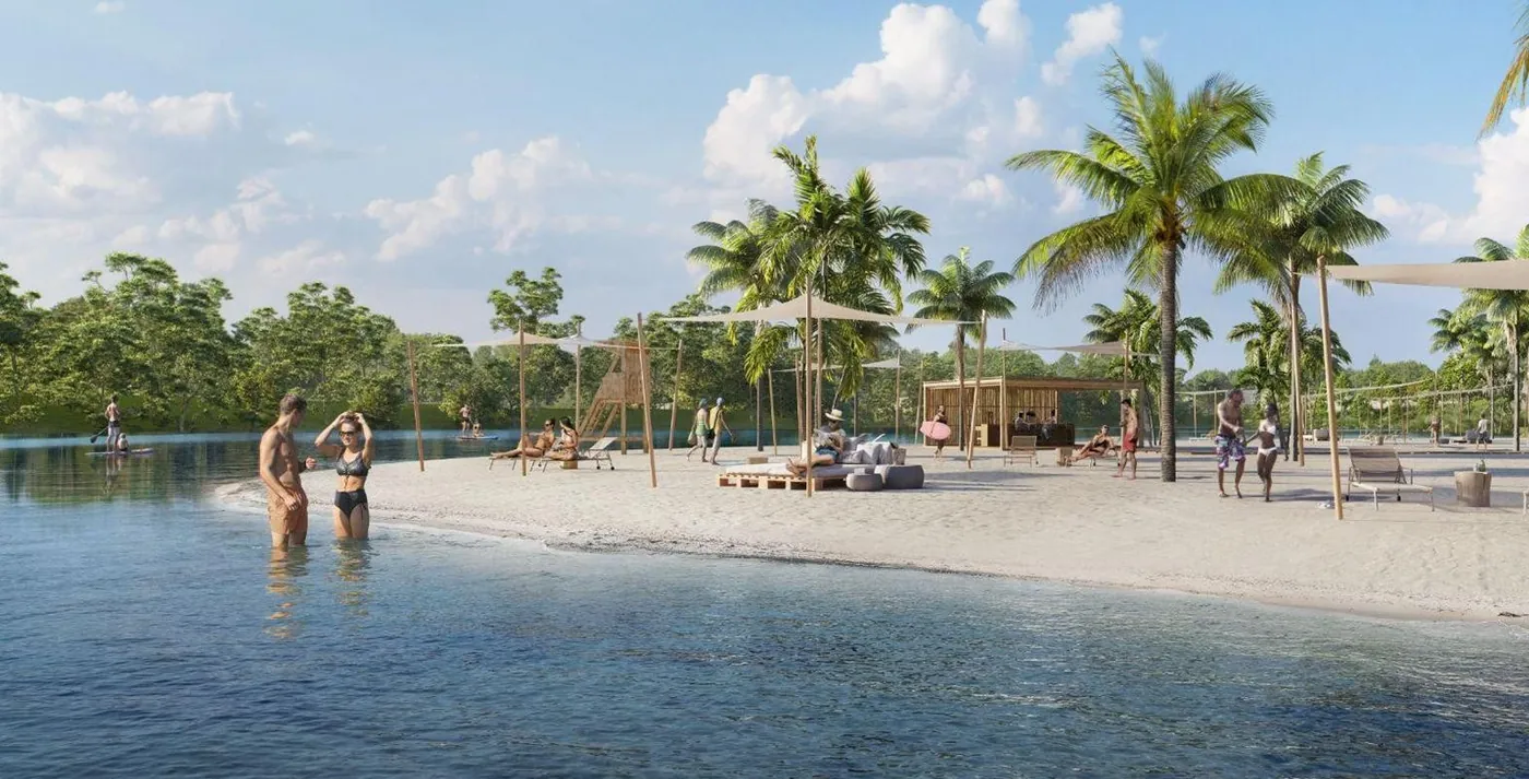 Praia de lago de água doce com areia e quiosque no Grand Lake Osório