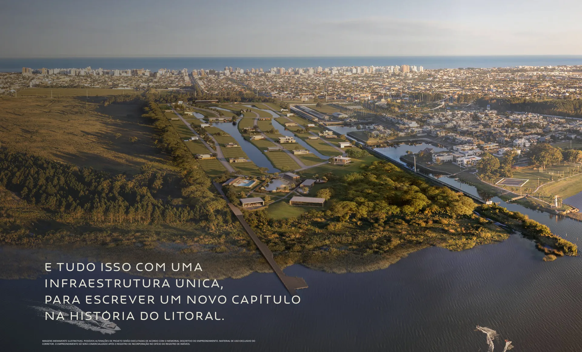 Render aéreo amplo do Harmony mostrando os lagos internos e a malha de lotes do condomínio fechado em Capão da Canoa