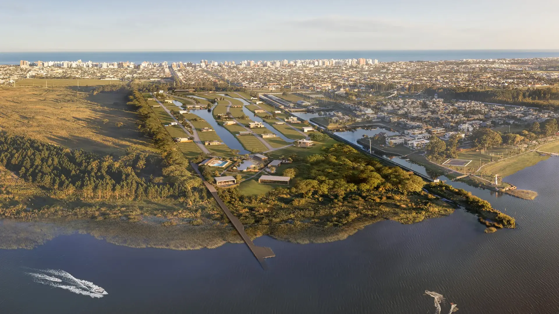 Vista aérea do Harmony, condomínio fechado em Capão da Canoa com lagos internos entre a lagoa e Atlântida