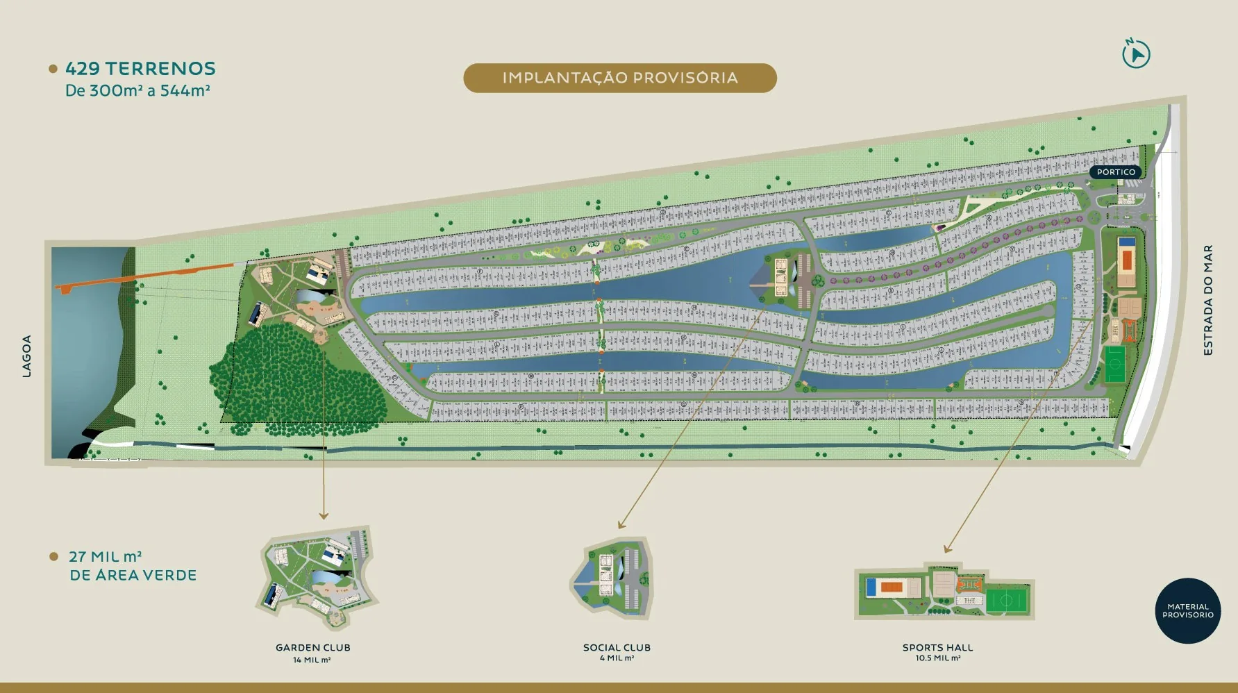 Implantação do Harmony com 429 terrenos, lagos internos e os três clubes em Capão da Canoa