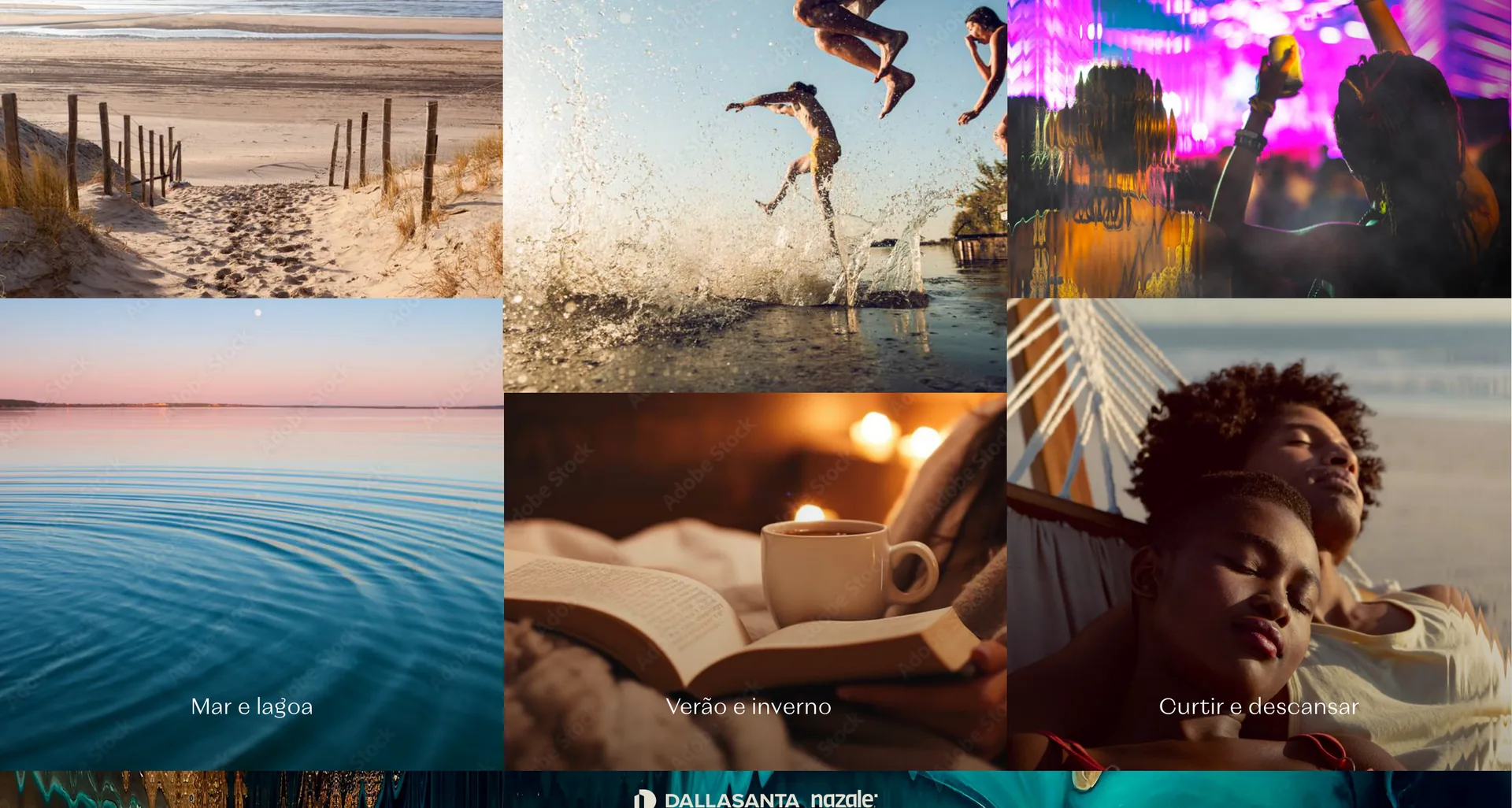 Mosaico de lifestyle do Harmony unindo mar e lagoa, verão e inverno, em Capão da Canoa e Atlântida