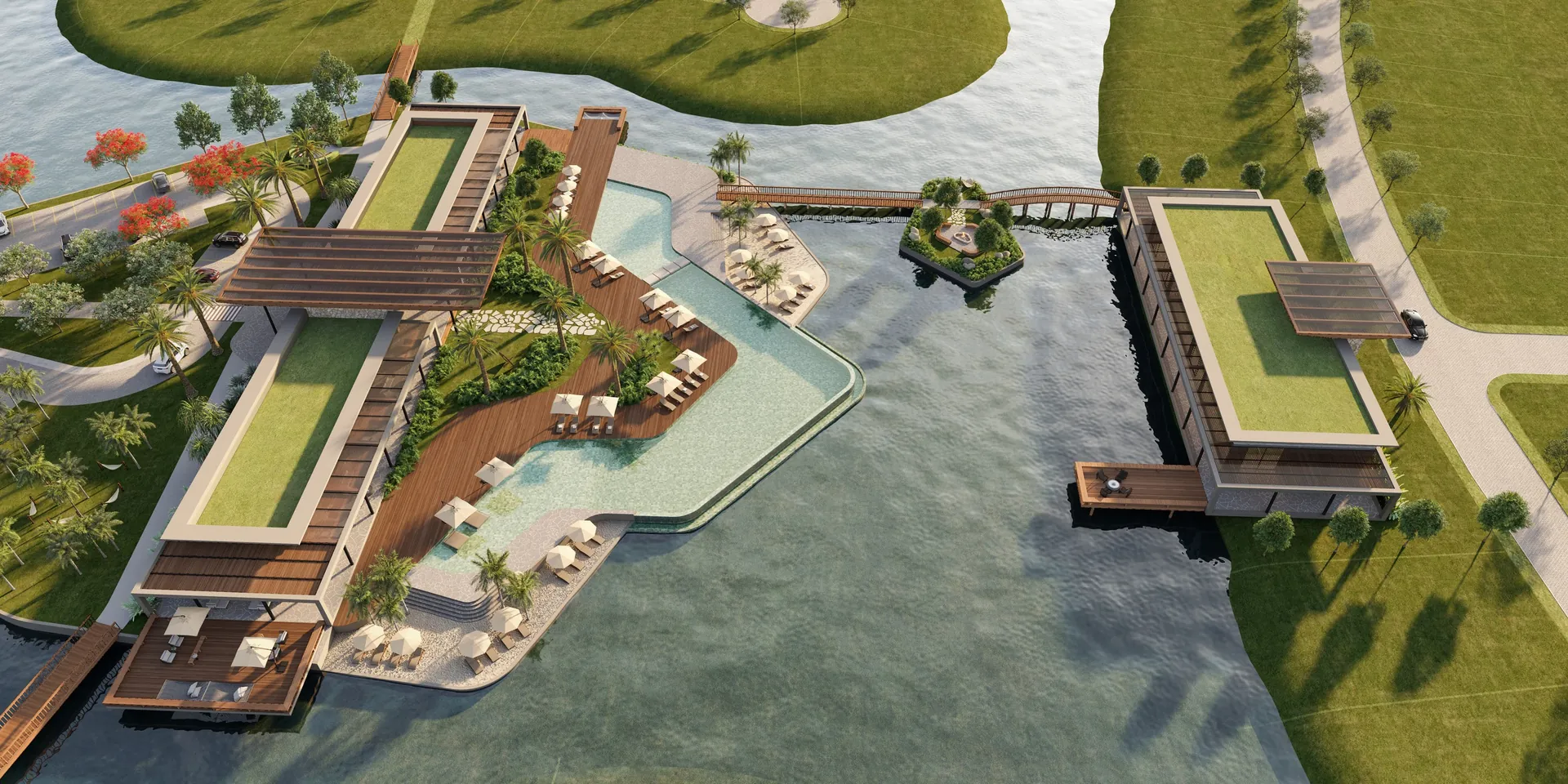 Club House do ISLA Xangri-Lá sobre ilha interna cercado pelos lagos do condomínio