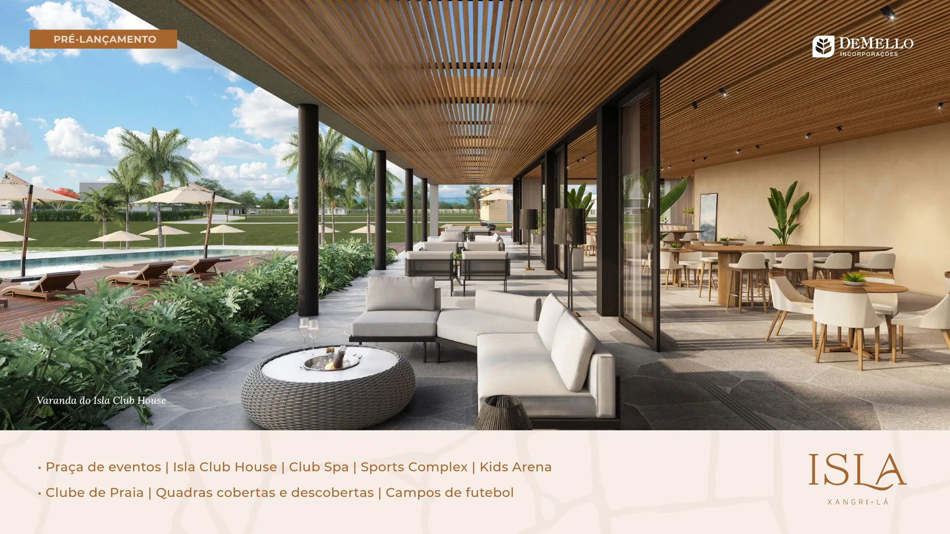 Varanda e lounge do Isla Club House com restaurante
