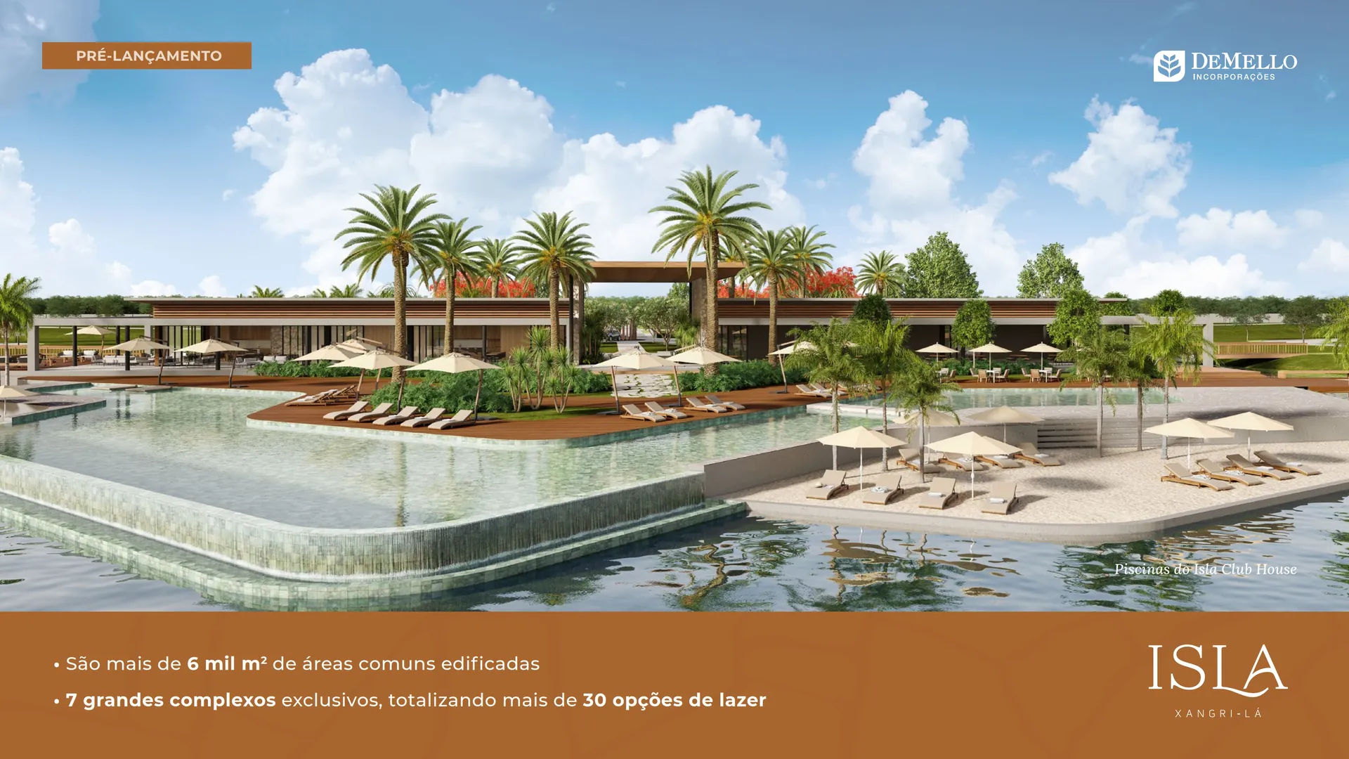 Piscinas do Isla Club House beira-lago com deck e prainha no ISLA Xangri-Lá