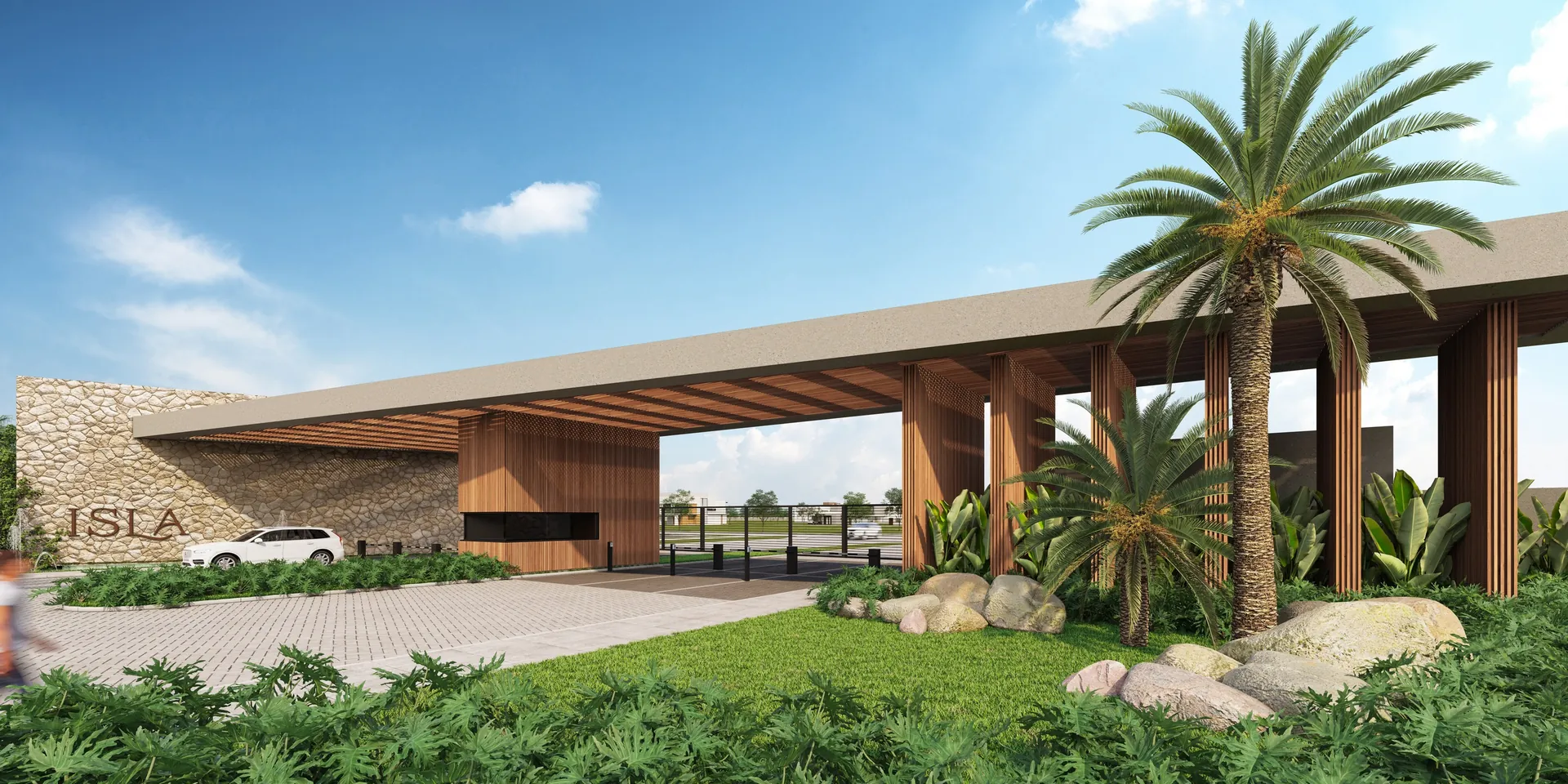 Pórtico de acesso principal do ISLA Xangri-Lá com guarita e paisagismo