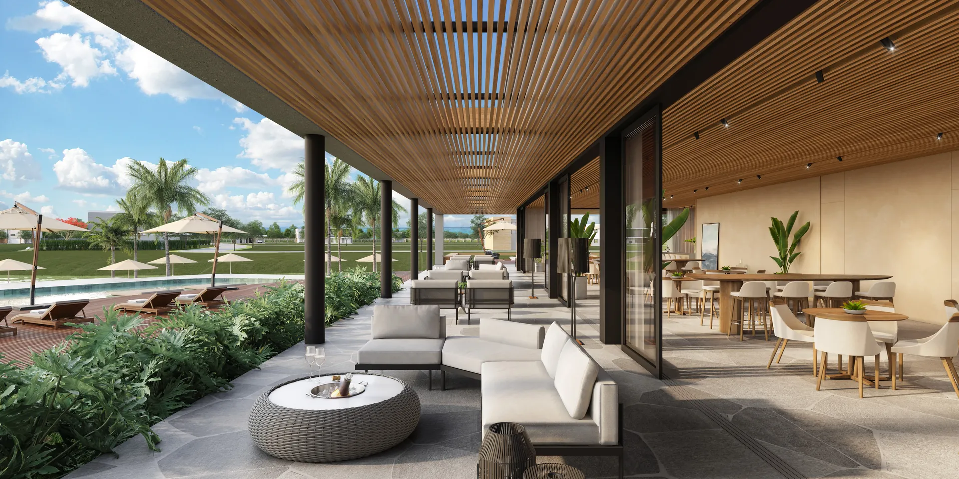 Varanda lounge do Isla Club House com churrasqueira