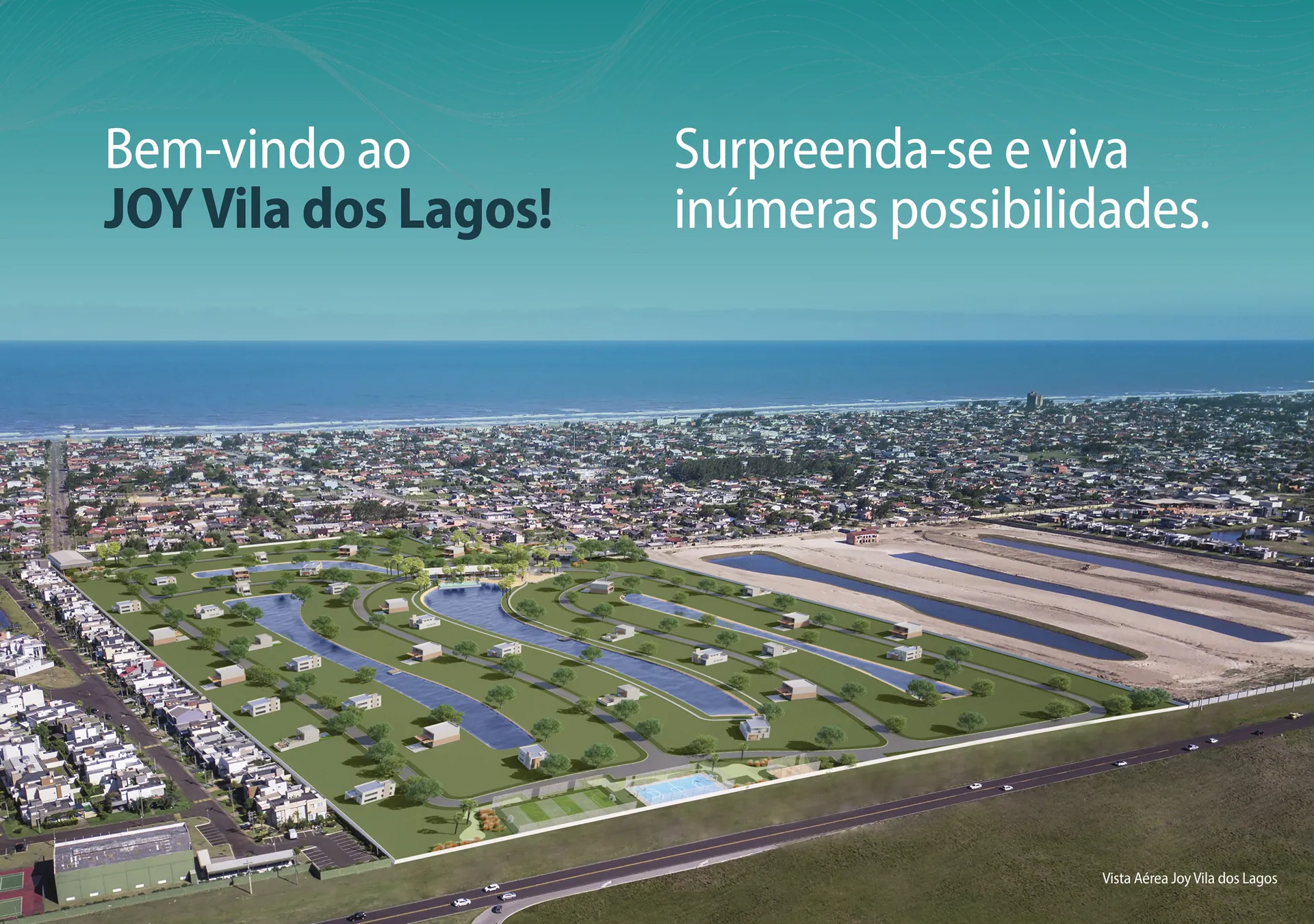 Vista aérea do Joy 2 Vila dos Lagos com os lagos internos e a praia ao fundo