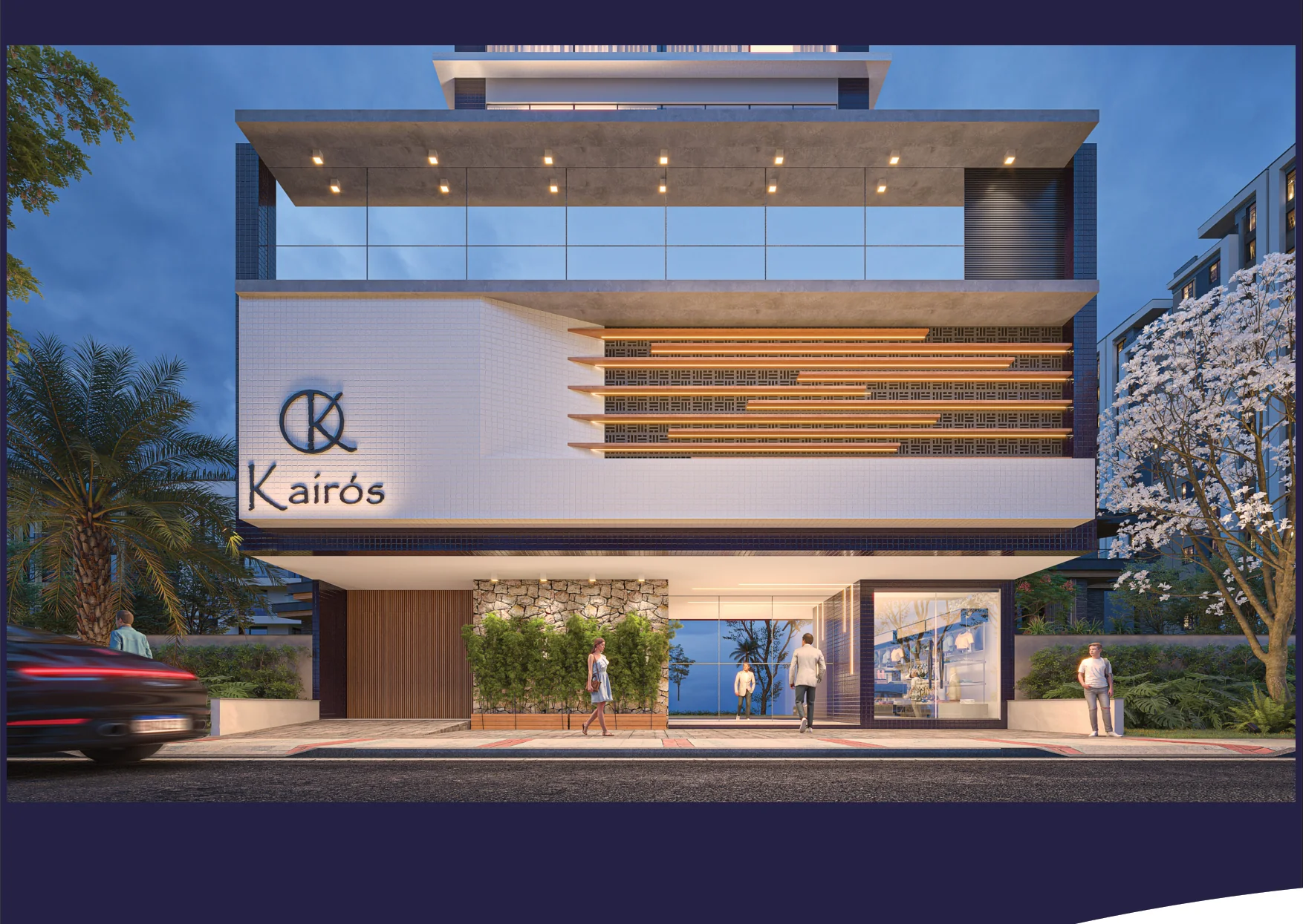 Fachada iluminada do Kairós à noite, com o letreiro na entrada, revestimento em pedra e paisagismo, torre residencial na Zona Nova de Capão da Canoa