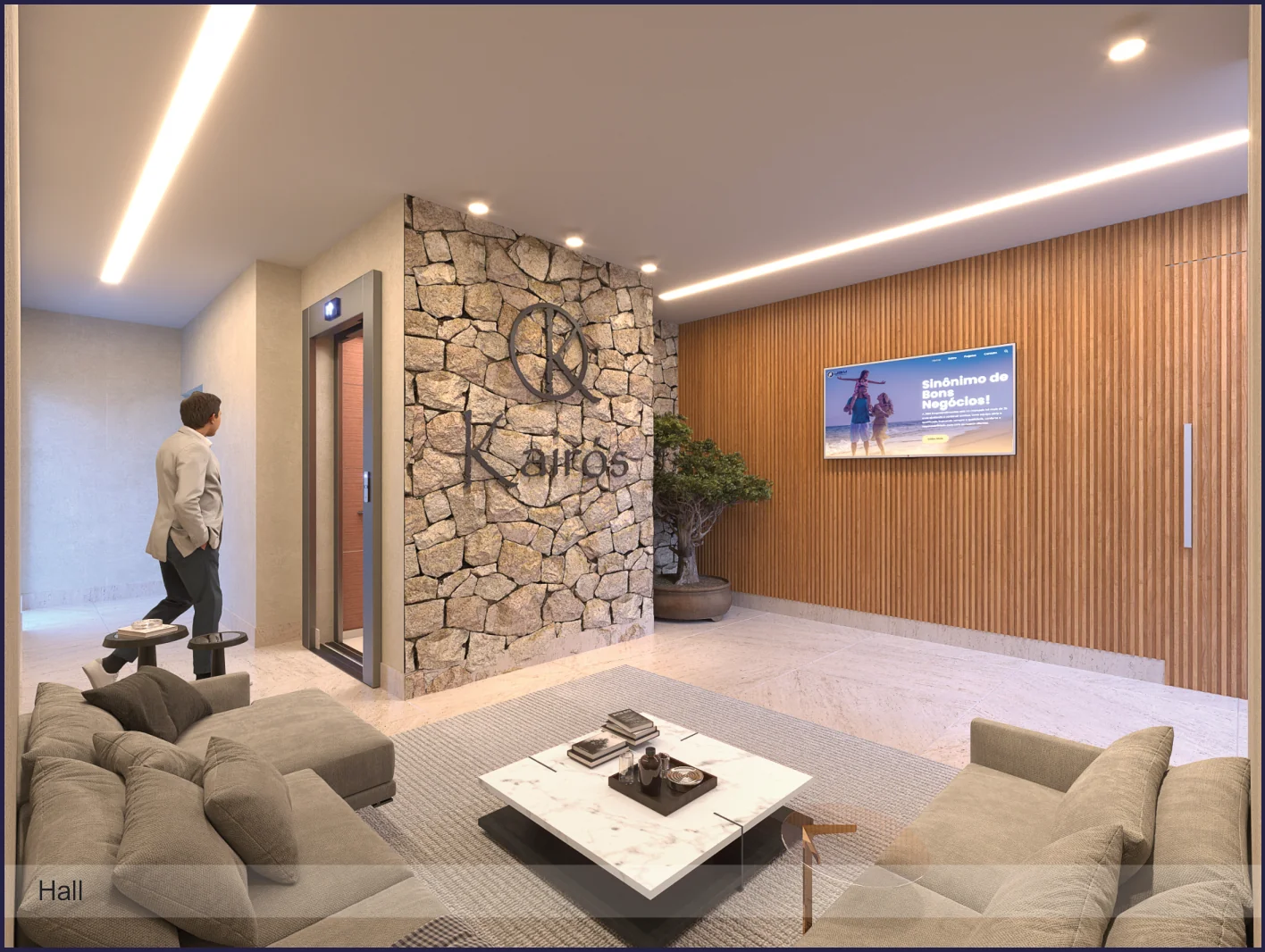 Hall de entrada do Kairós com parede de pedra, mármore e o logotipo em relevo, portaria da torre residencial na Zona Nova de Capão da Canoa