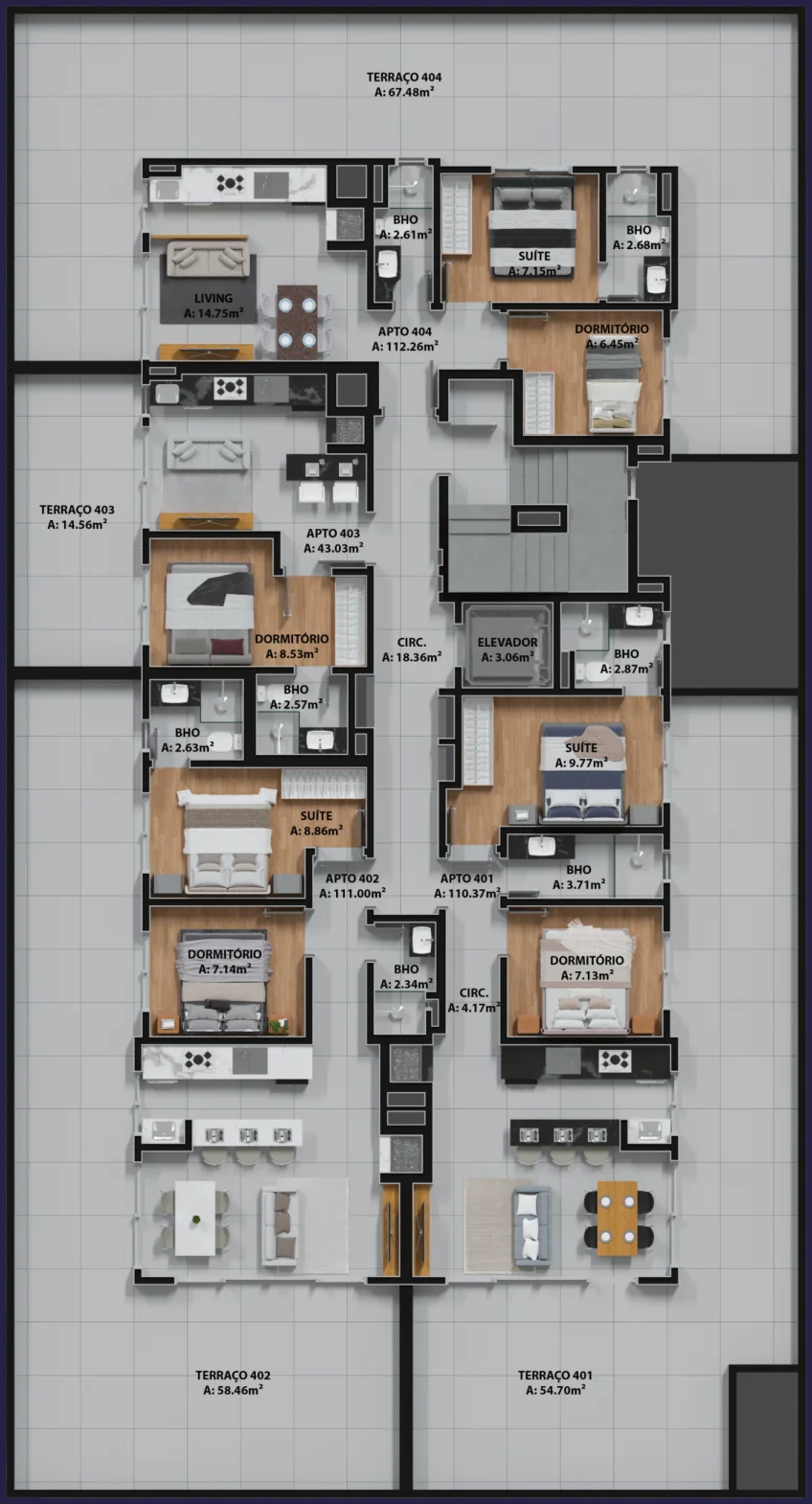 Planta do 4º pavimento do Kairós com quatro apartamentos e terraços privativos amplos, de 14,56 a 67,48 m², na Zona Nova de Capão da Canoa