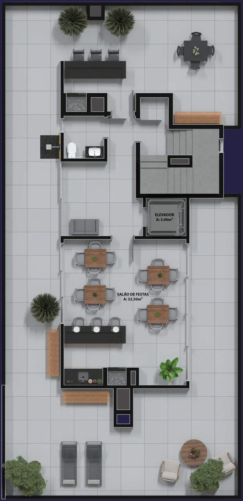 Planta humanizada do rooftop do Kairós, com o salão de festas e o espaço gourmet