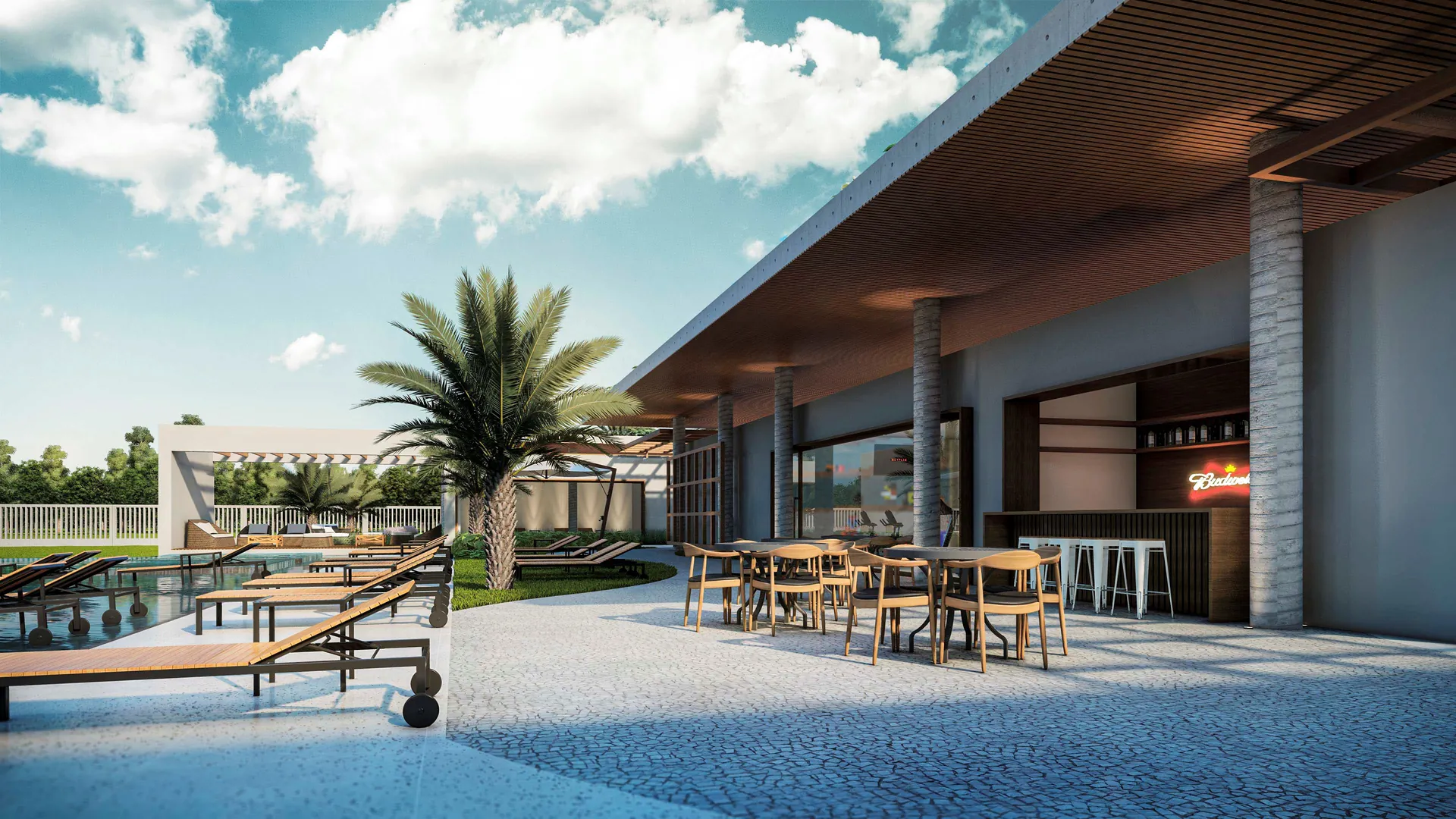 Bar da piscina e deck do clube do La Marina Reserva à beira da Lagoa das Malvas em Maquiné