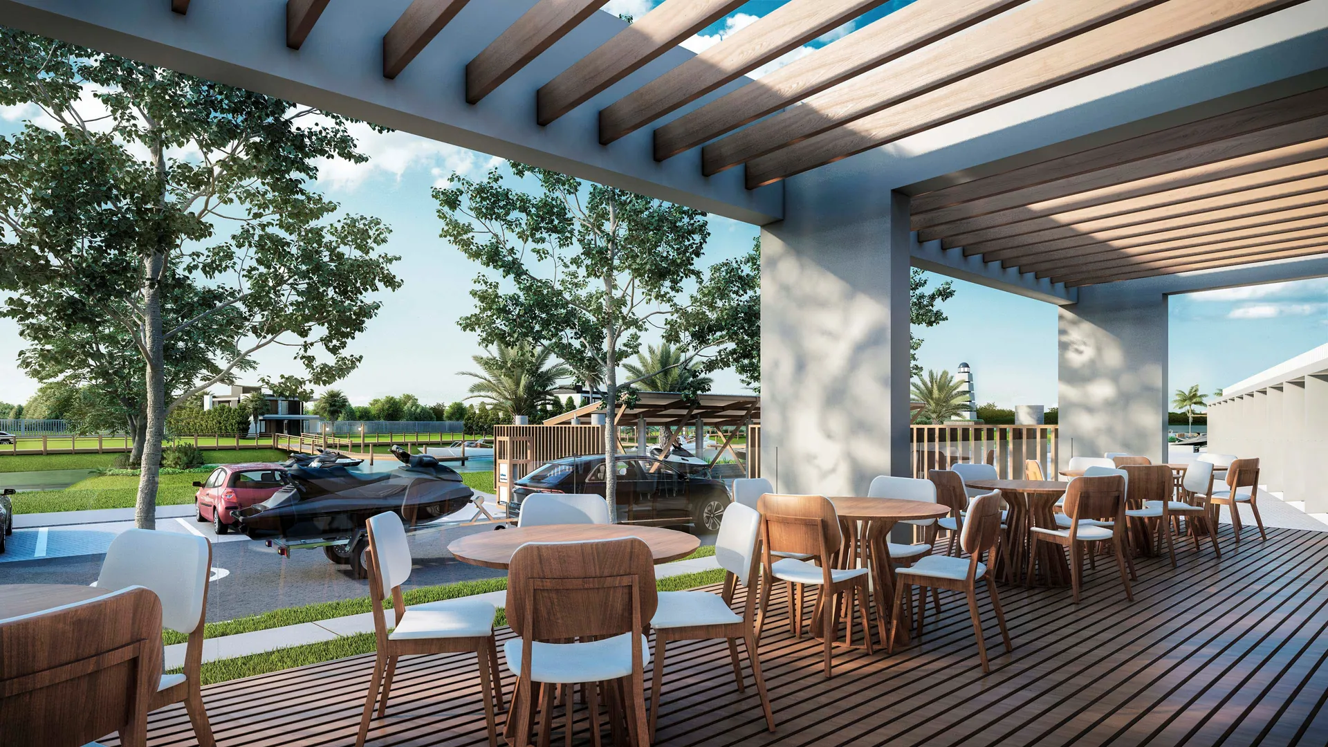 Deck gourmet do clube de La Marina Reserva com vista para as vagas náuticas