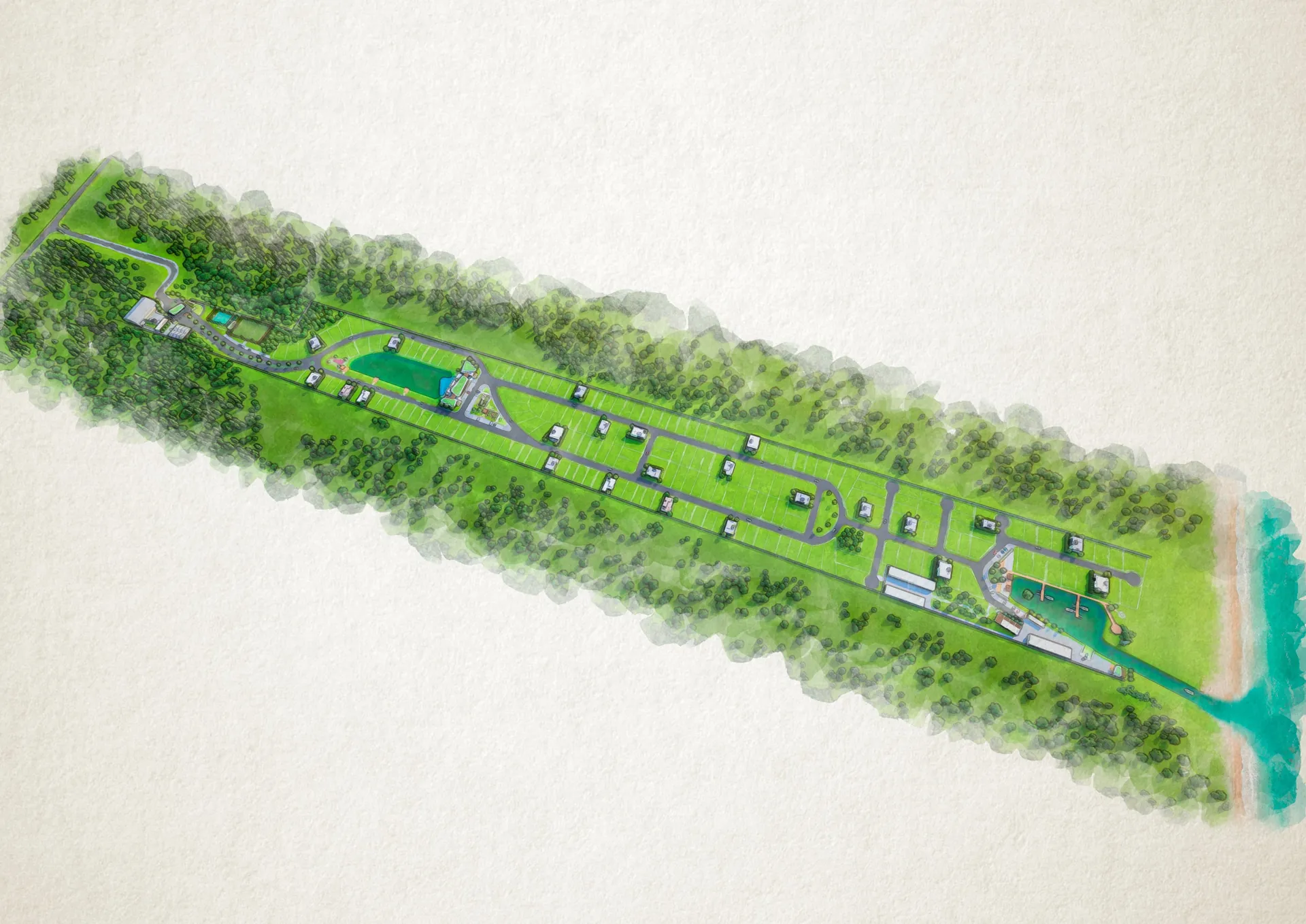 Planta ilustrada da implantação de La Marina Reserva mostrando a gleba alongada entre a vegetação e o canal de acesso à lagoa