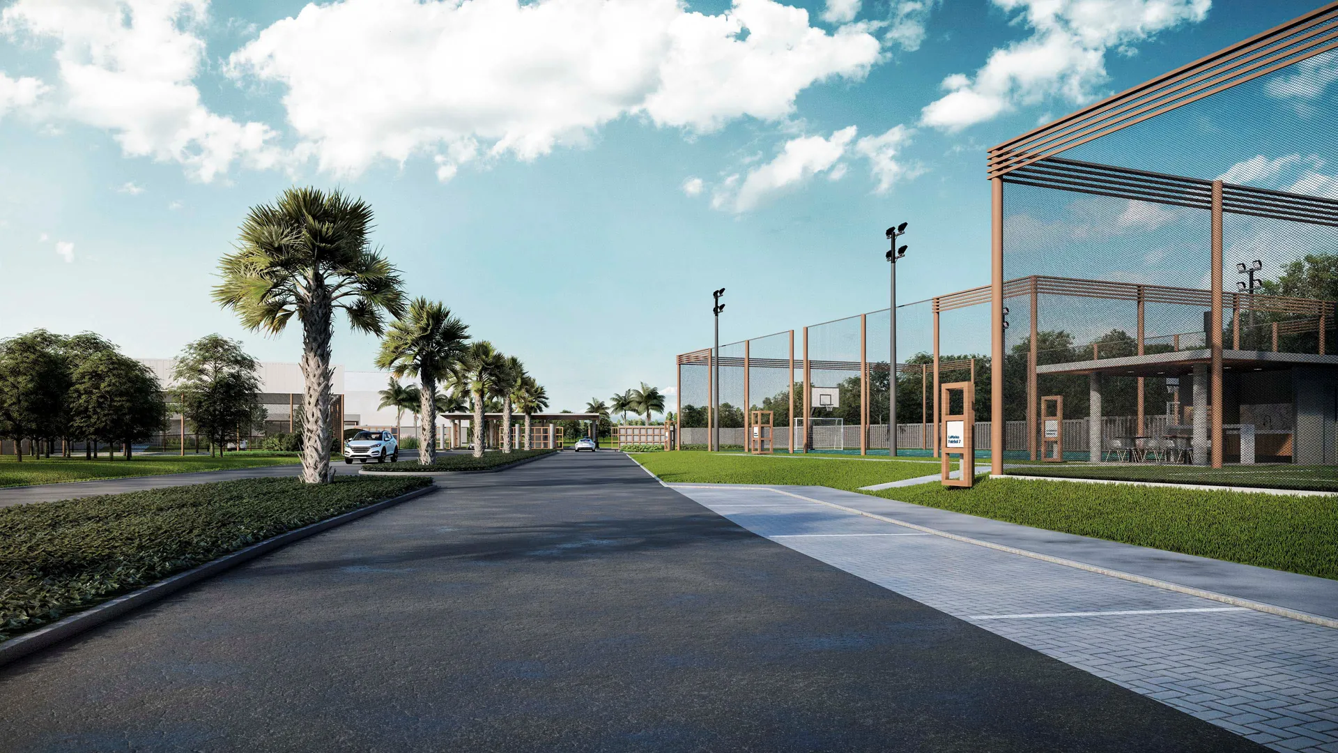 Alameda interna de La Marina Reserva com quadras de beach tennis cobertas