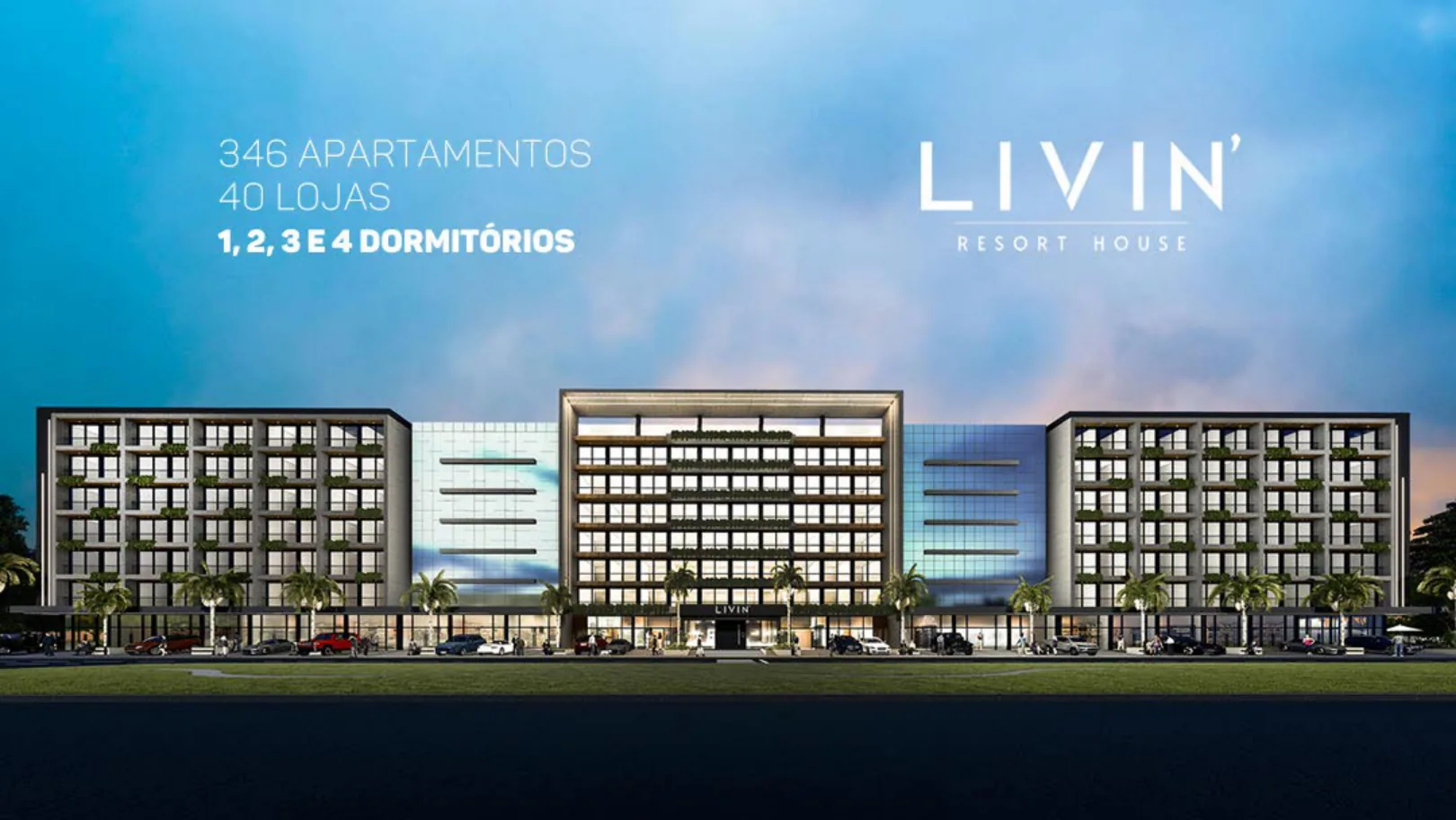Vista aérea do LIVIN Resort House, três torres de apartamentos com resort em Atlântida, Xangri-Lá