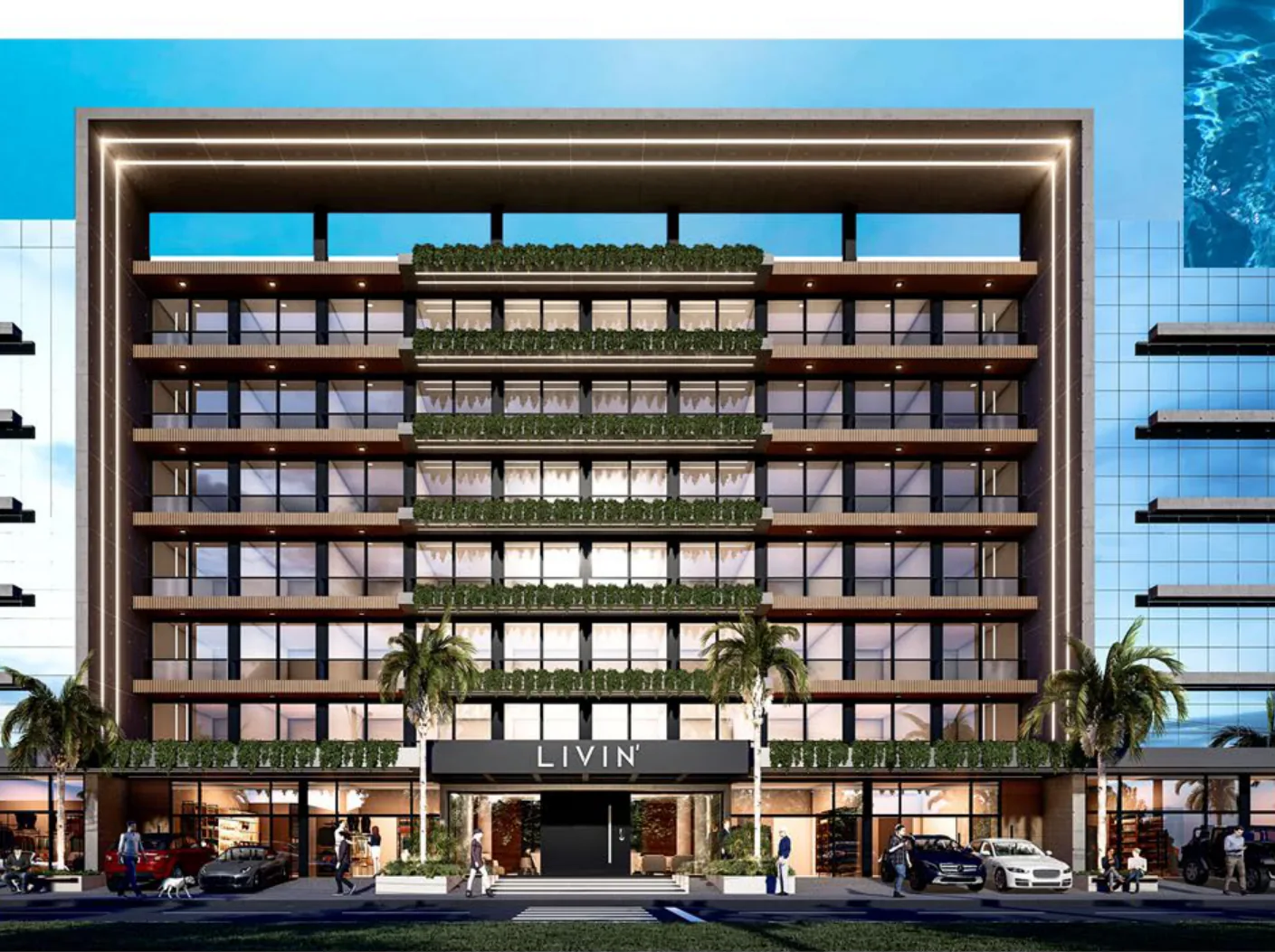 Torre do LIVIN' Resort House com jardim vertical e fachada em vidro e madeira